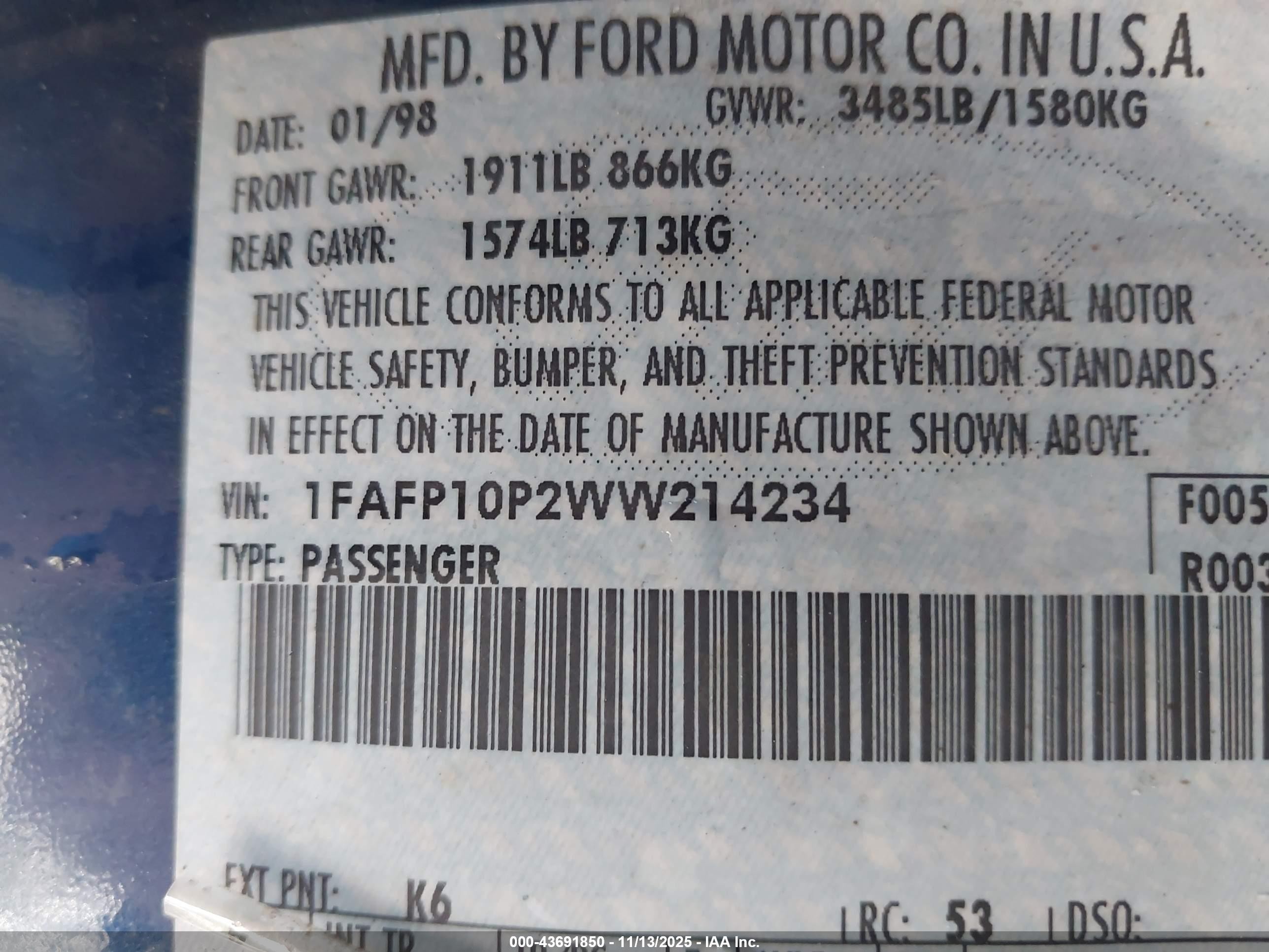 1998 Ford Escort Lx Blue vin: 1FAFP10P2WW214234