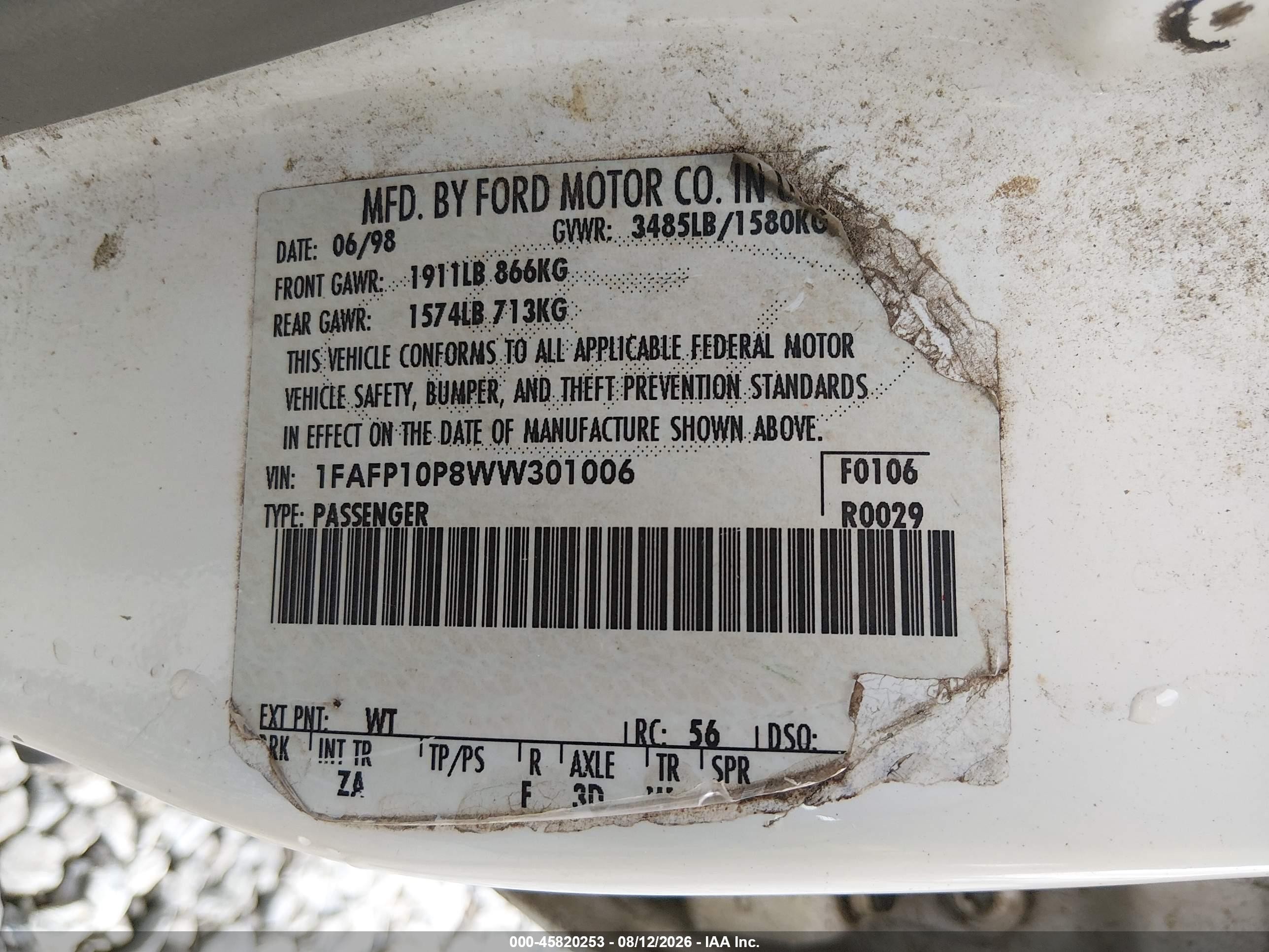 1998 Ford Escort Lx White vin: 1FAFP10P8WW301006