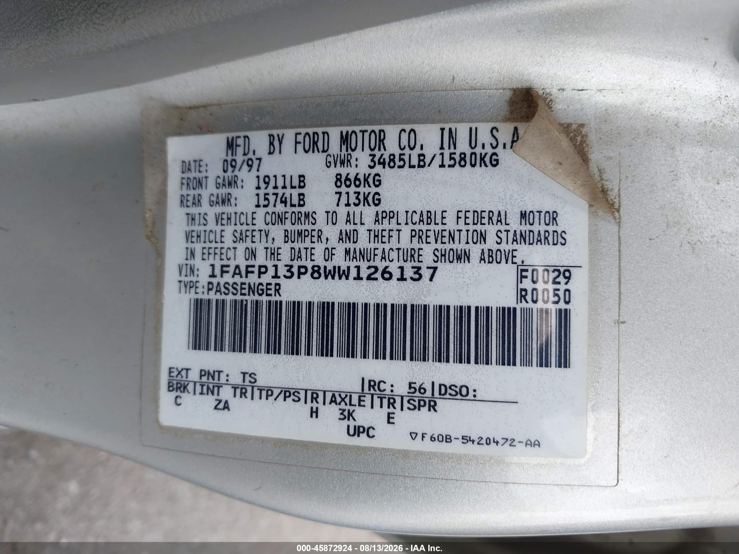 1998 Ford Escort Se Silver vin: 1FAFP13P8WW126137