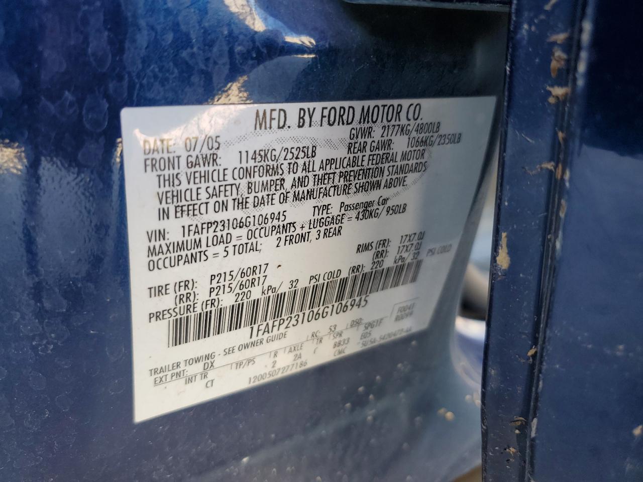 2006 Ford Five Hundred Se Blue vin: 1FAFP23106G106945