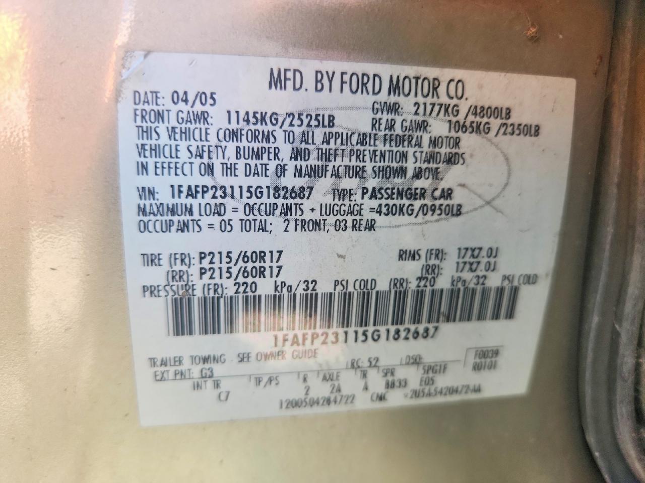 2005 Ford Five Hundred Se Tan vin: 1FAFP23115G182687