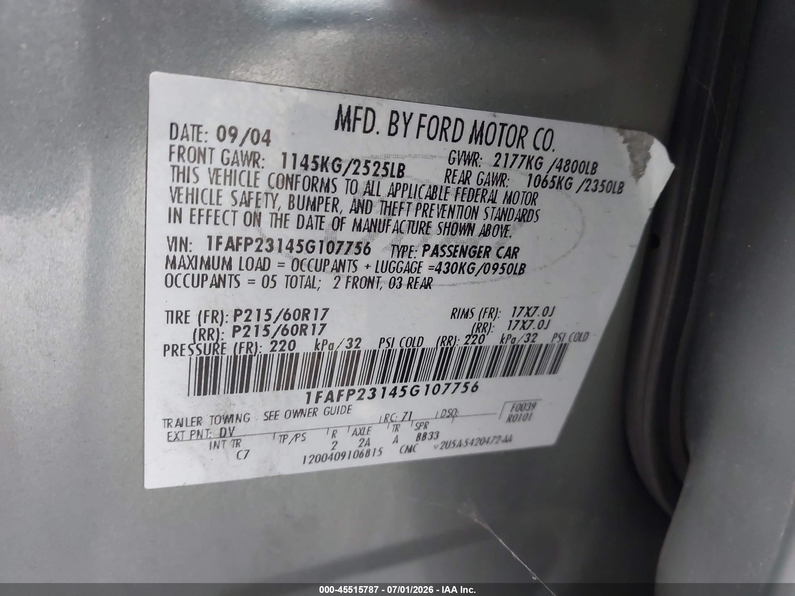 2005 Ford Five Hundred Se Green vin: 1FAFP23145G107756