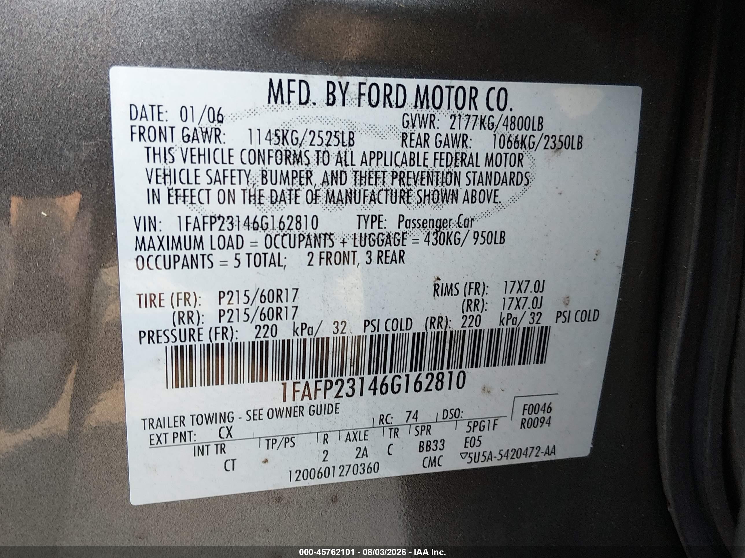 2006 Ford Five Hundred Se Blue vin: 1FAFP23146G162810