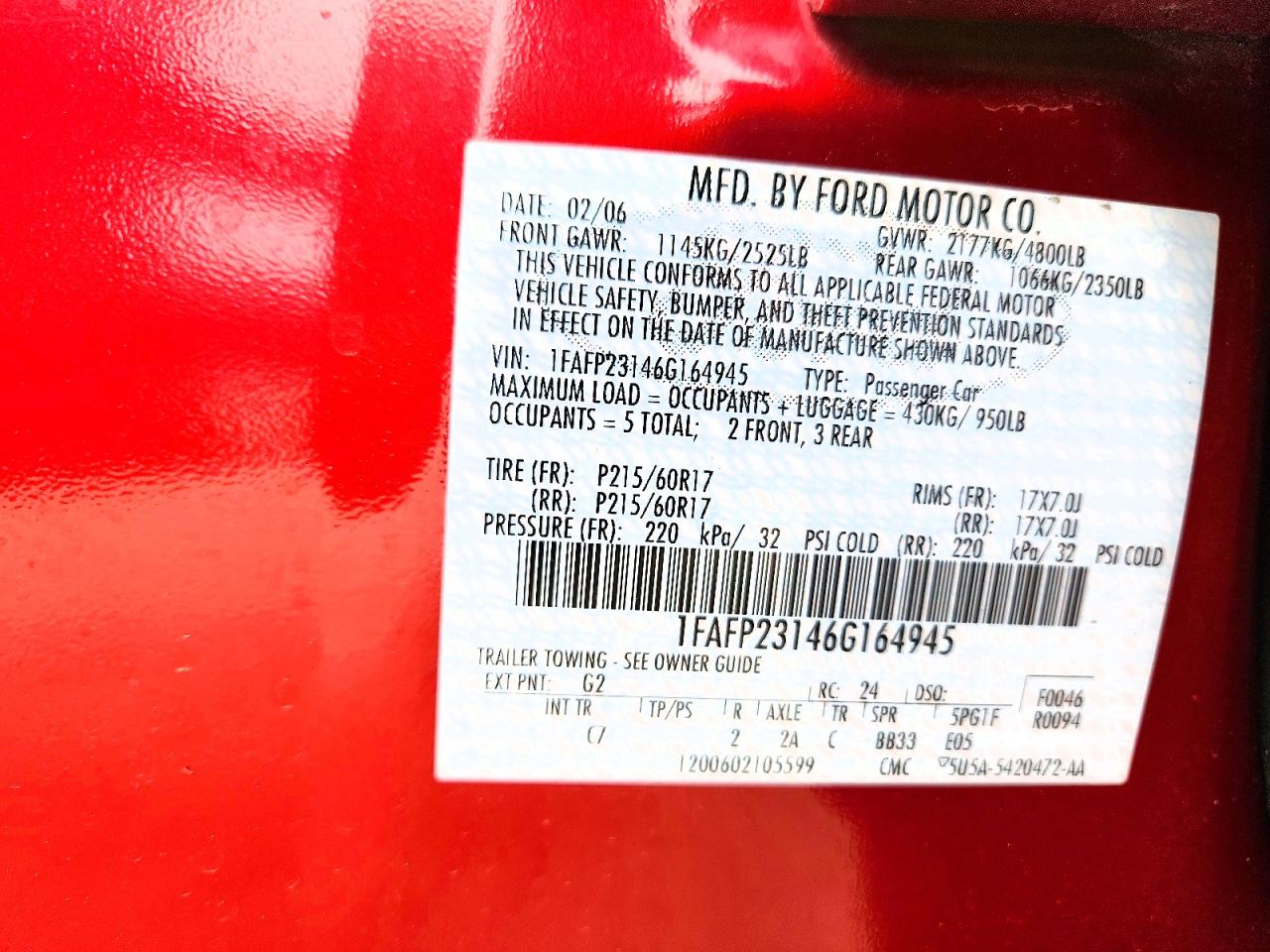 2006 Ford Five Hundred Se Red vin: 1FAFP23146G164945