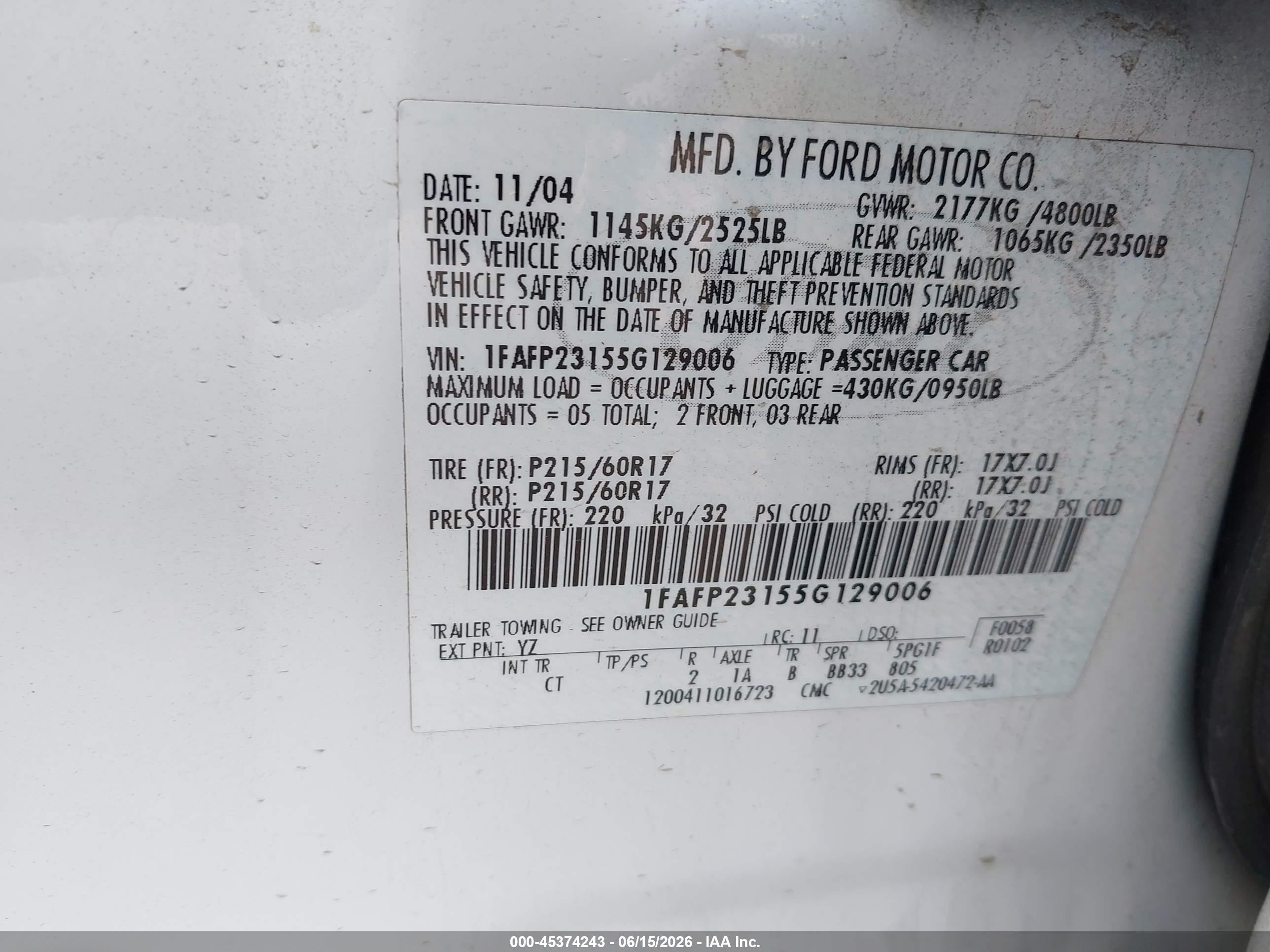 2005 Ford Five Hundred Se White vin: 1FAFP23155G129006