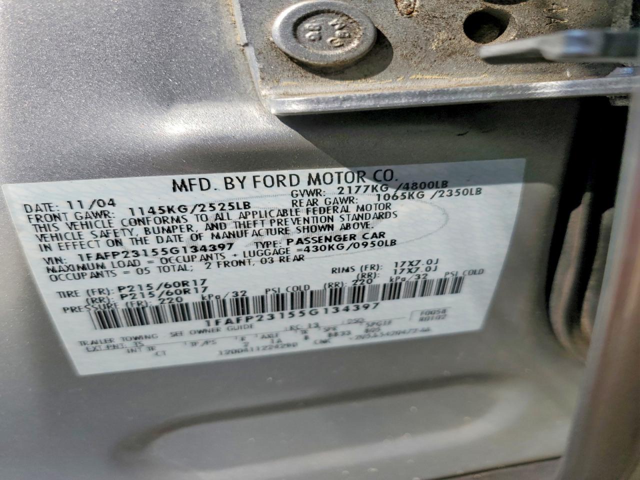 2005 Ford Five Hundred Se Silver vin: 1FAFP23155G134397