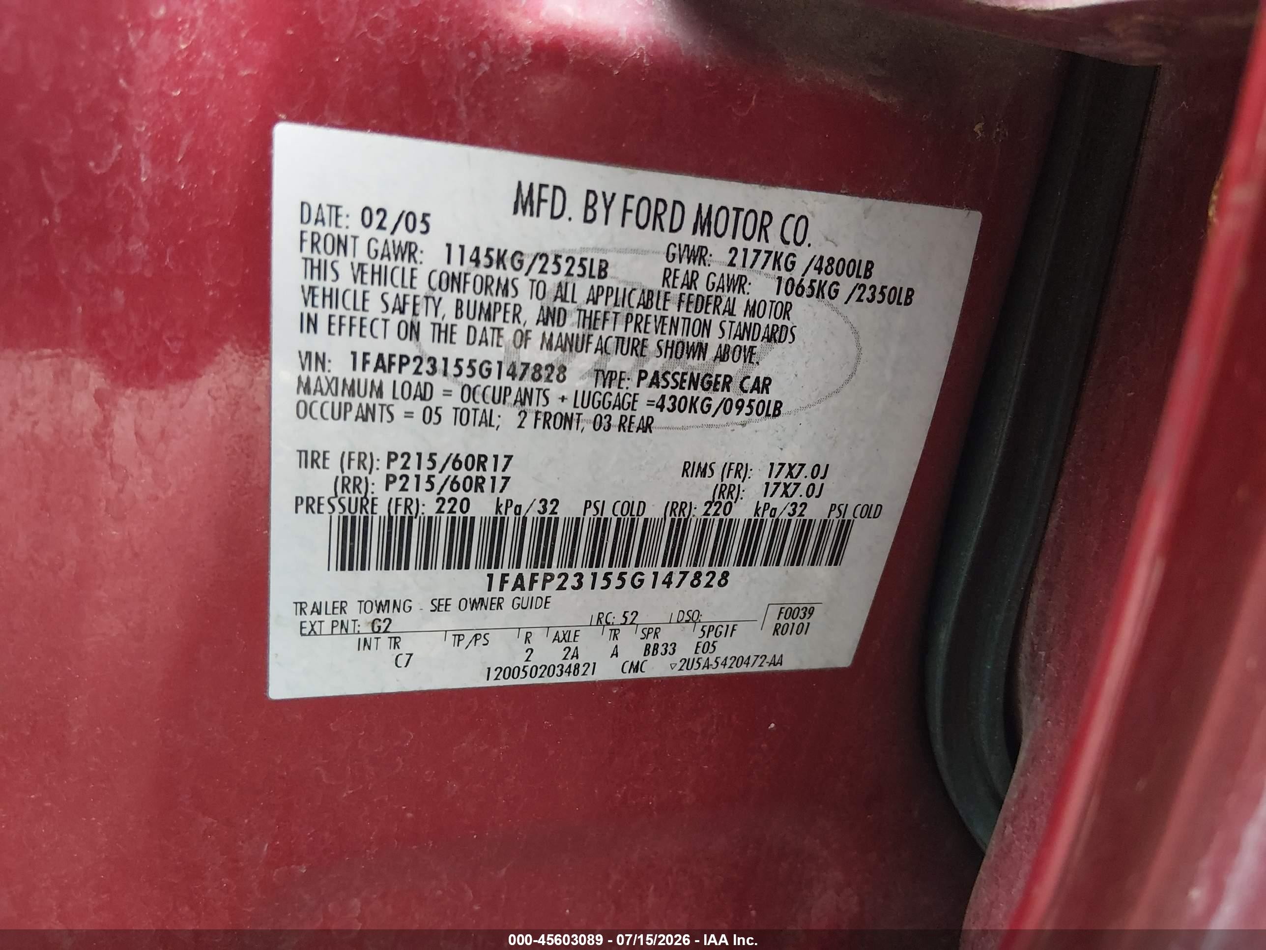 2005 Ford Five Hundred Se Red vin: 1FAFP23155G147828
