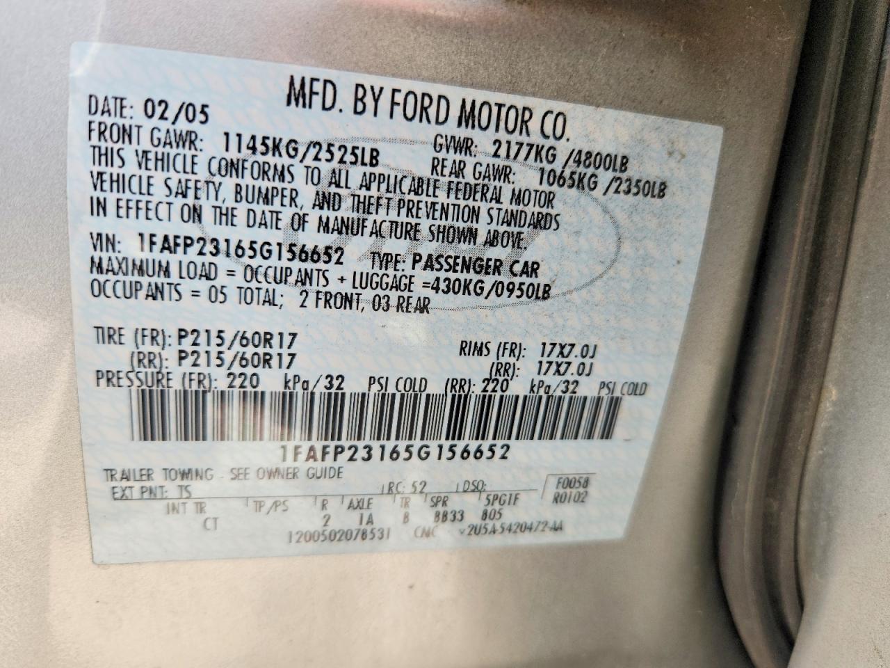 2005 Ford Five Hundred Se Silver vin: 1FAFP23165G156652