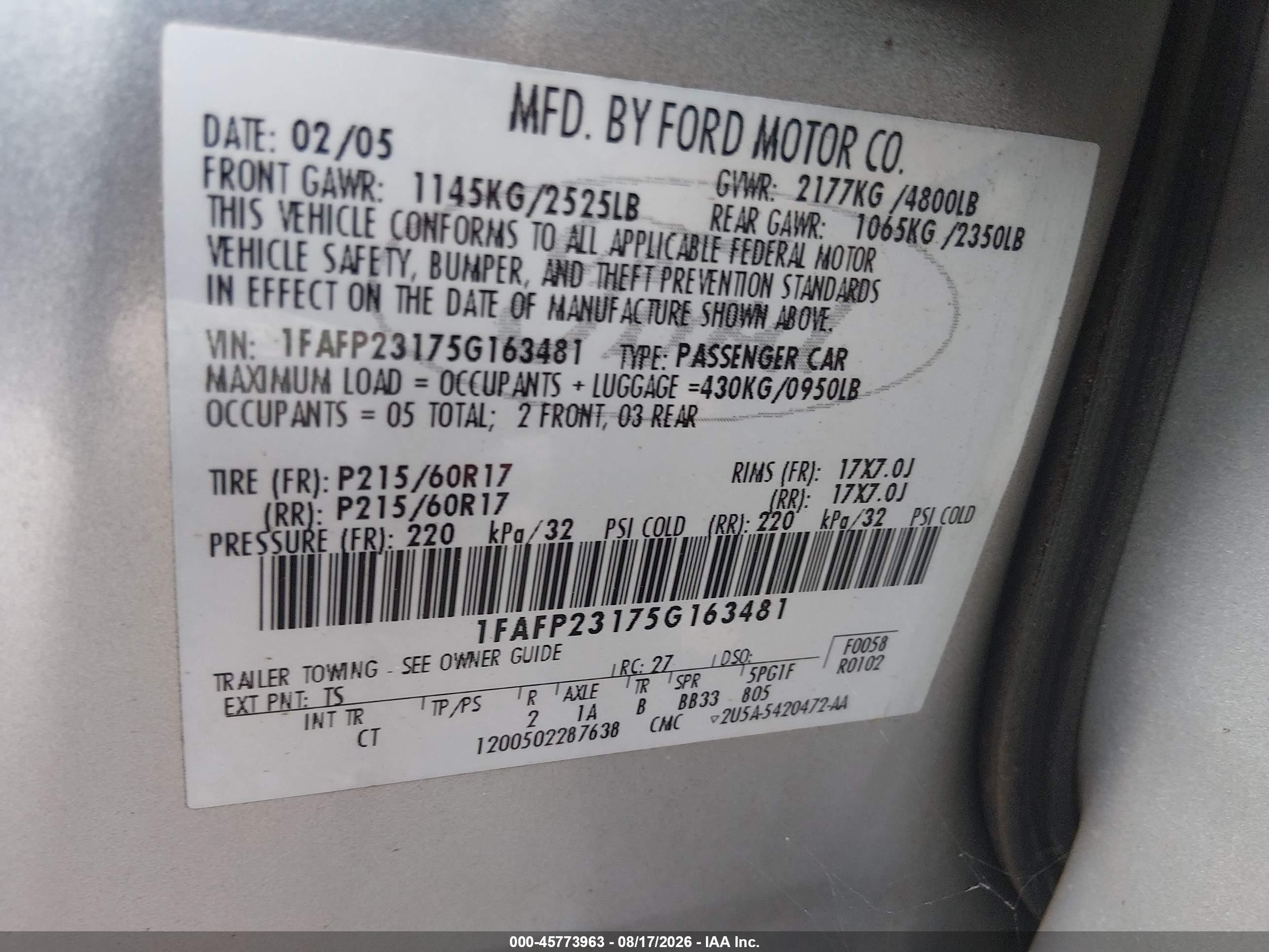 2005 Ford Five Hundred Se Серебряный vin: 1FAFP23175G163481