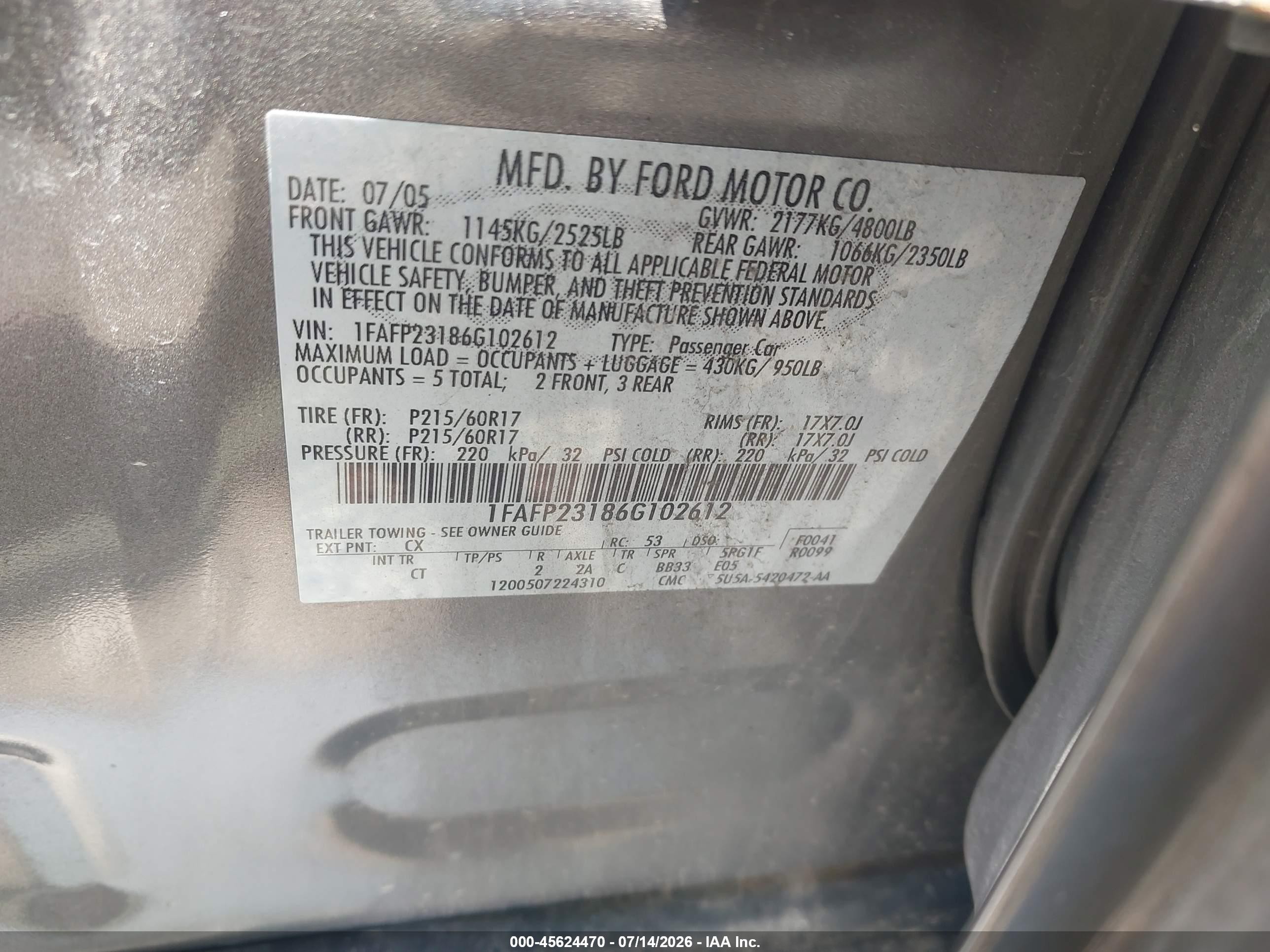 2006 Ford Five Hundred Se Серый vin: 1FAFP23186G102612