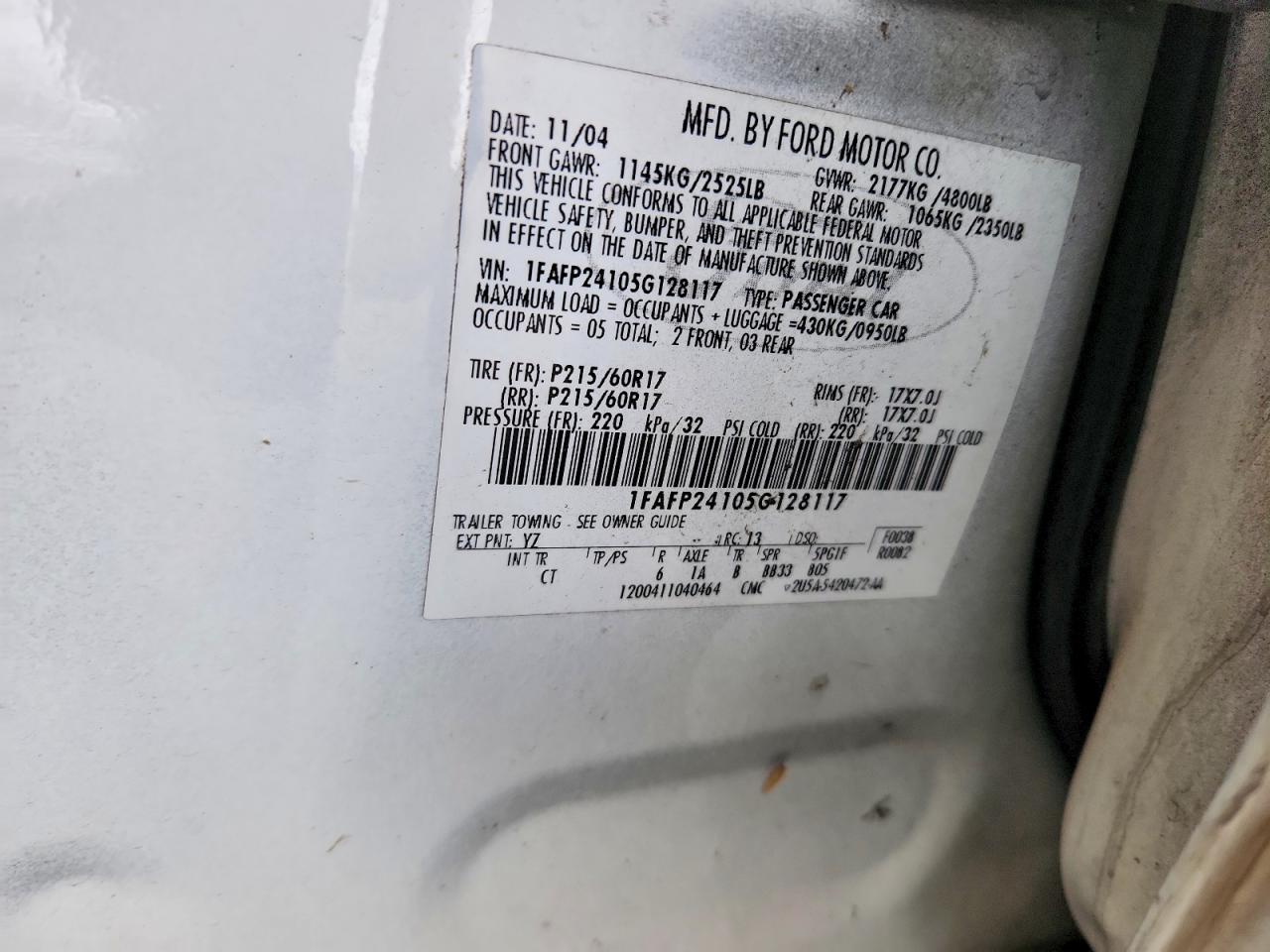 2005 Ford Five Hundred Sel White vin: 1FAFP24105G128117