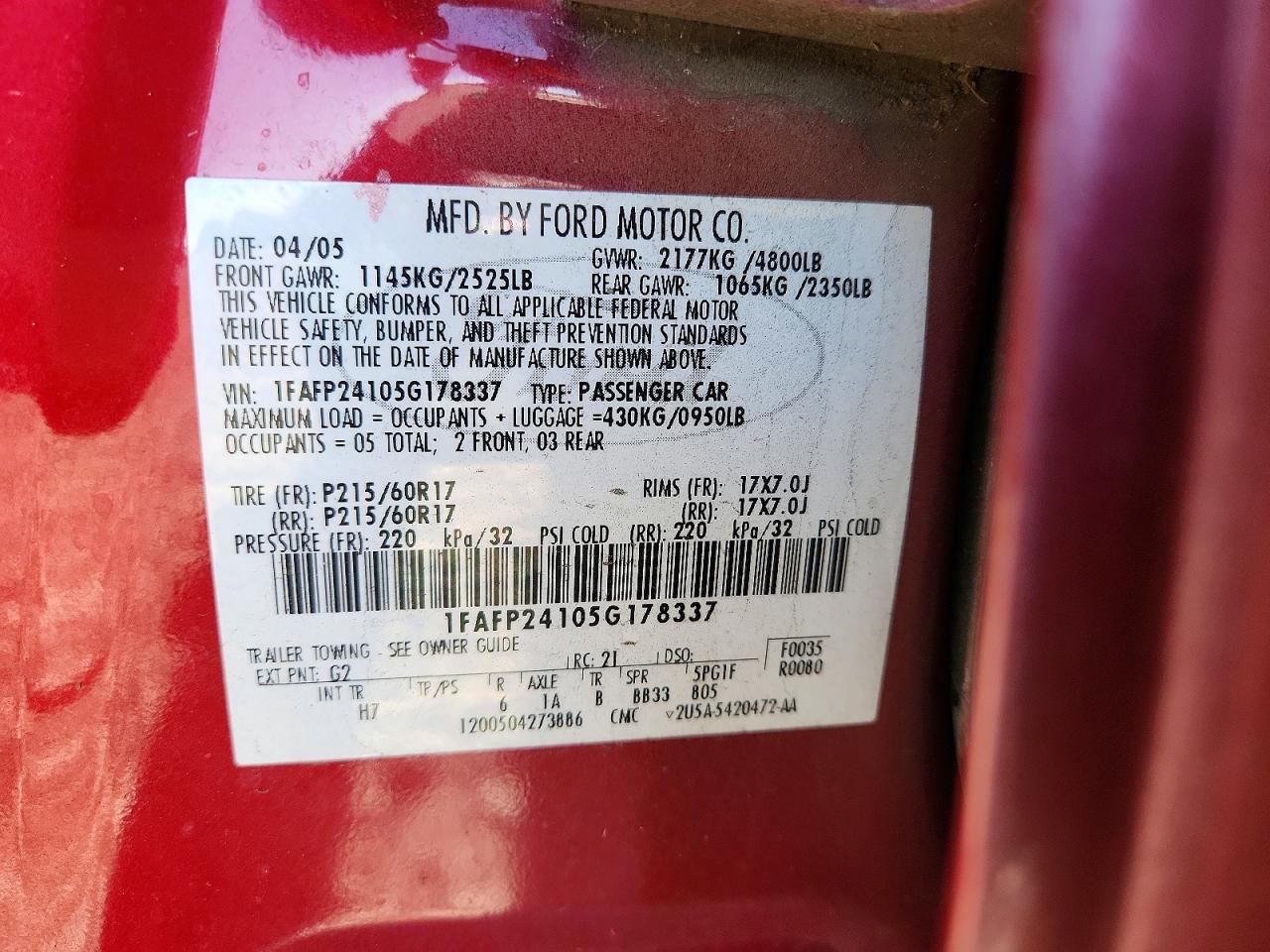 2005 Ford Five Hundred Sel Red vin: 1FAFP24105G178337