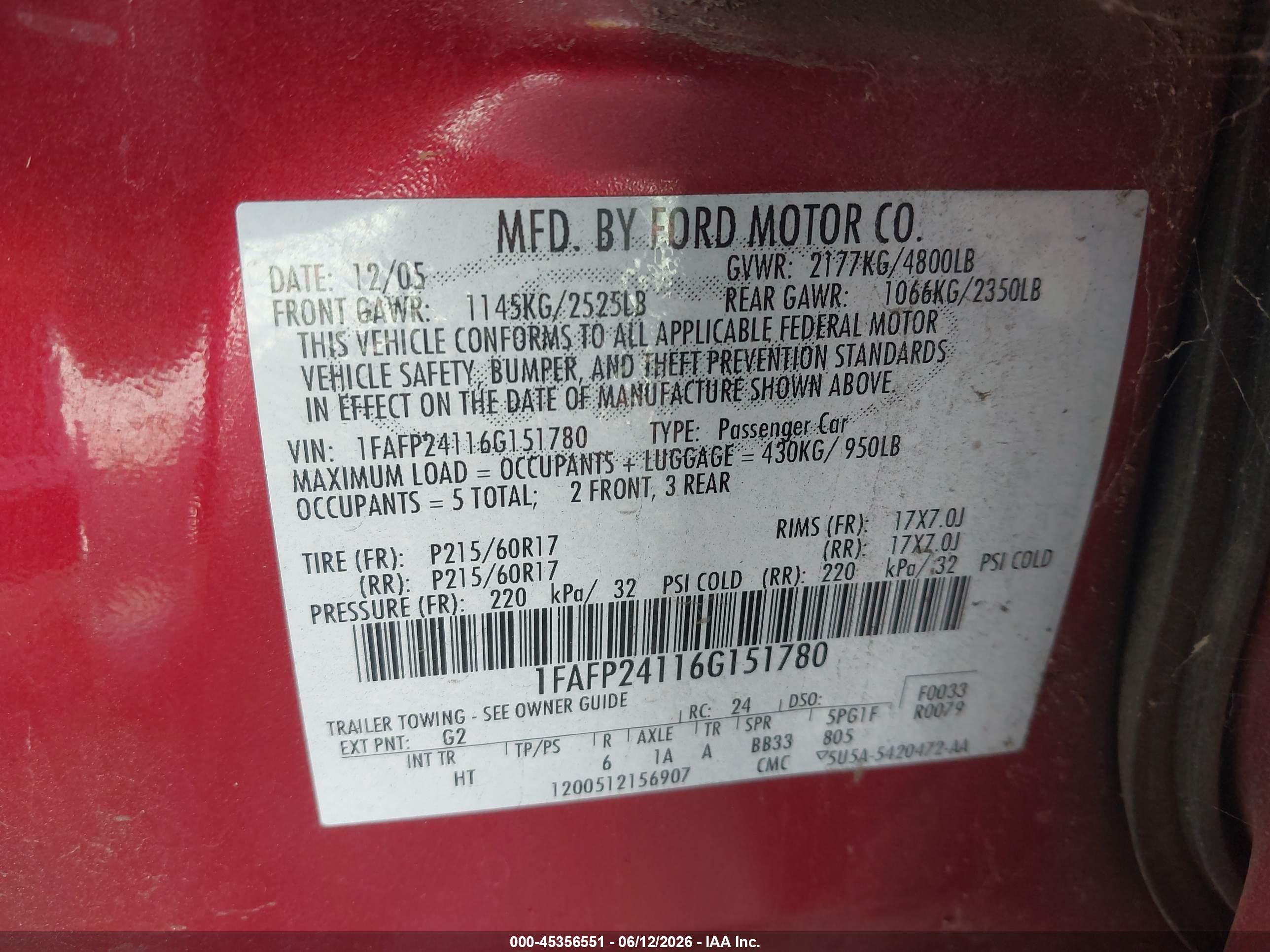 2006 Ford Five Hundred Sel Red vin: 1FAFP24116G151780