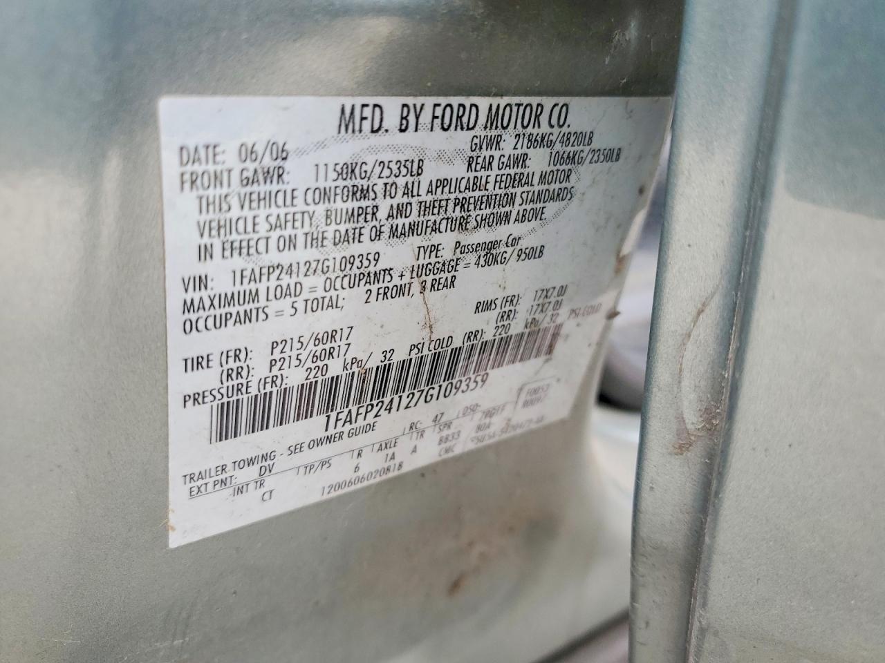 2007 Ford Five Hundred Sel Green vin: 1FAFP24127G109359