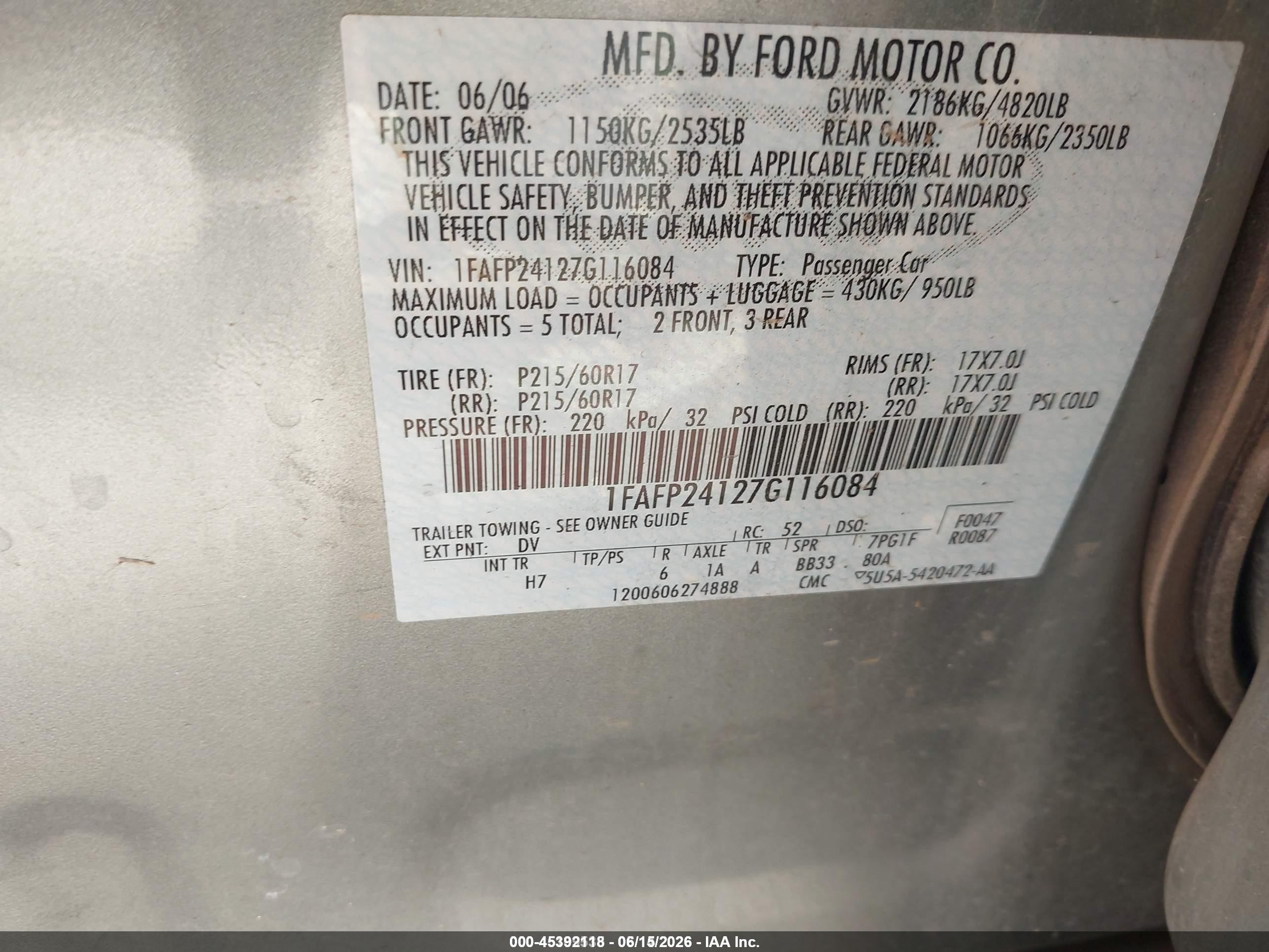 2007 Ford Five Hundred Sel Green vin: 1FAFP24127G116084