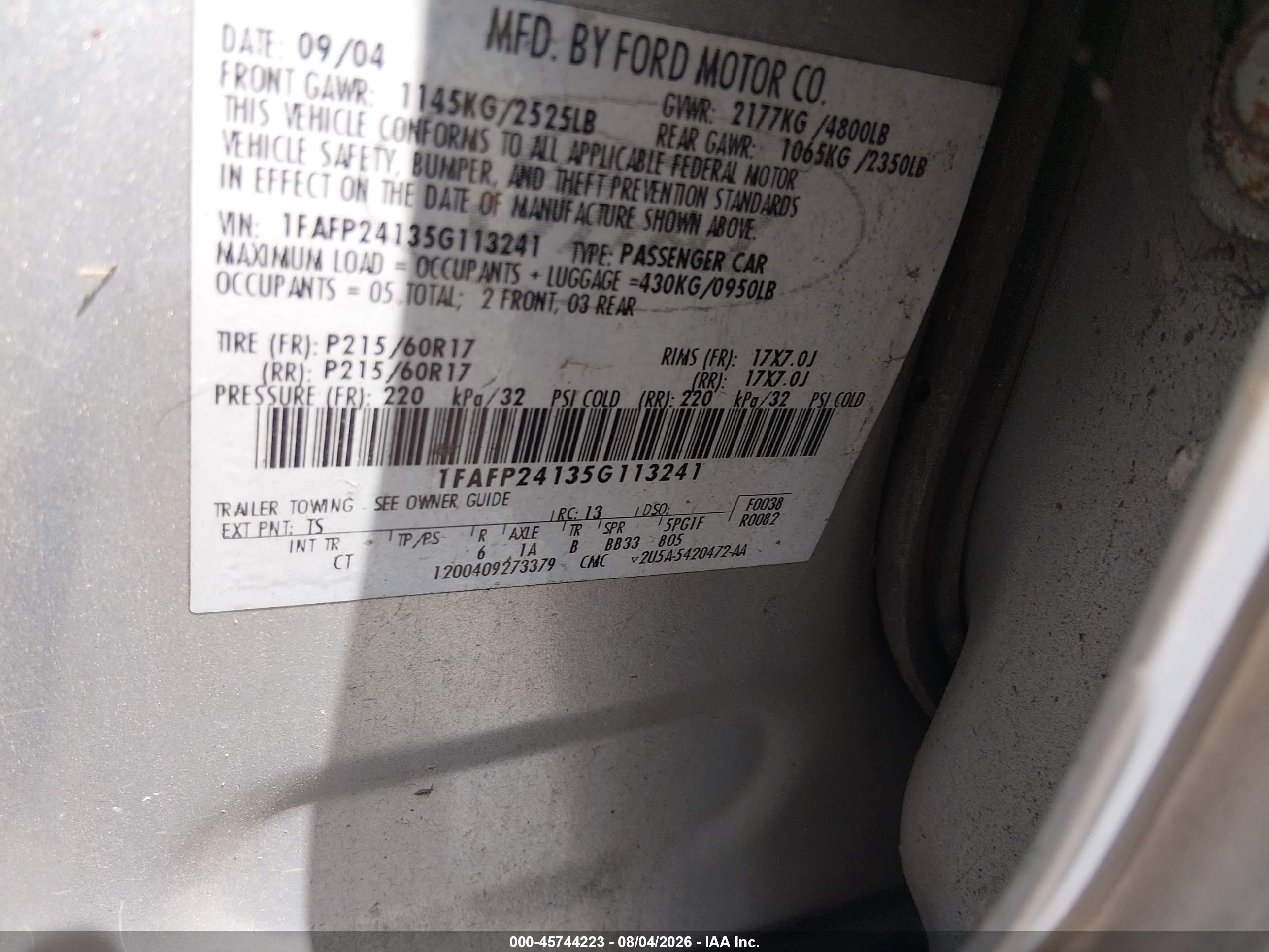 2005 Ford Five Hundred Sel Silver vin: 1FAFP24135G113241