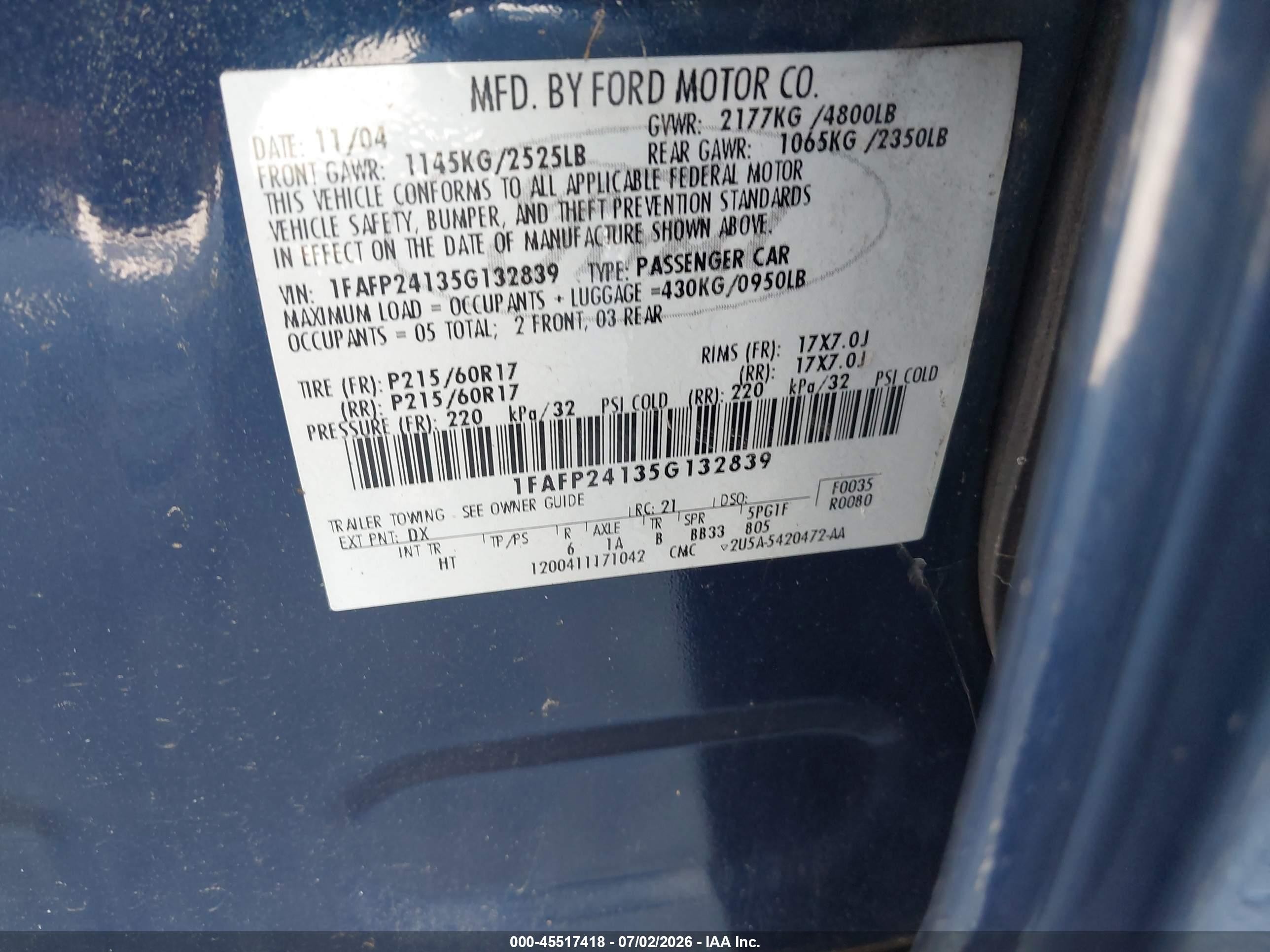 2005 Ford Five Hundred Sel Blue vin: 1FAFP24135G132839