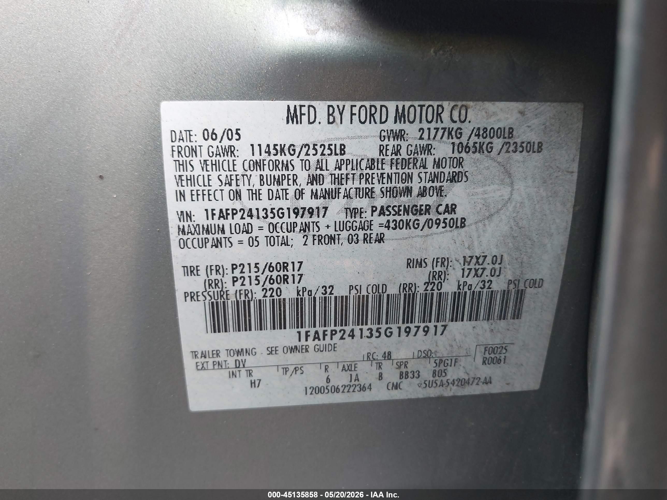 2005 Ford Five Hundred Sel Green vin: 1FAFP24135G197917