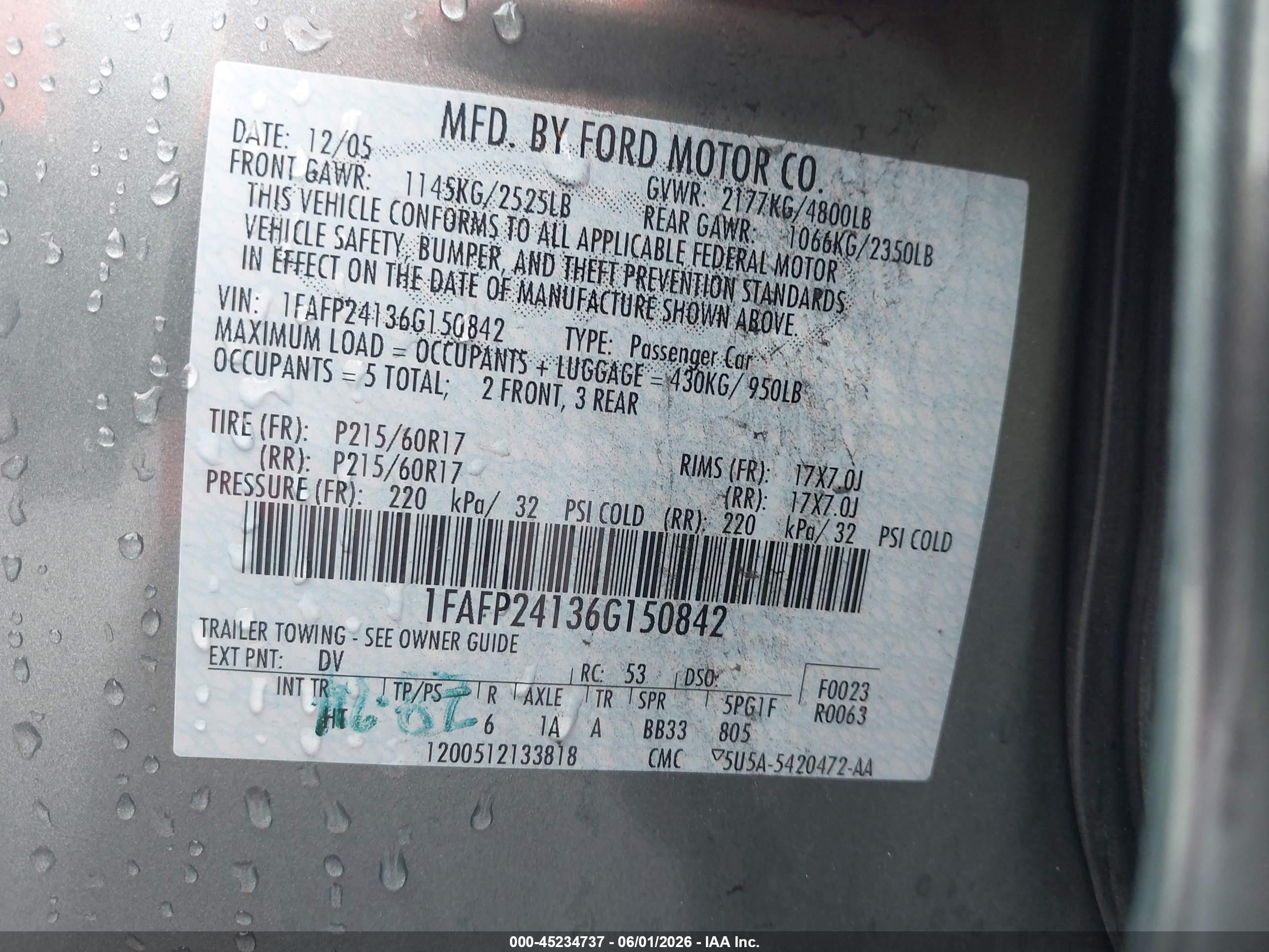 2006 Ford Five Hundred Sel Gray vin: 1FAFP24136G150842