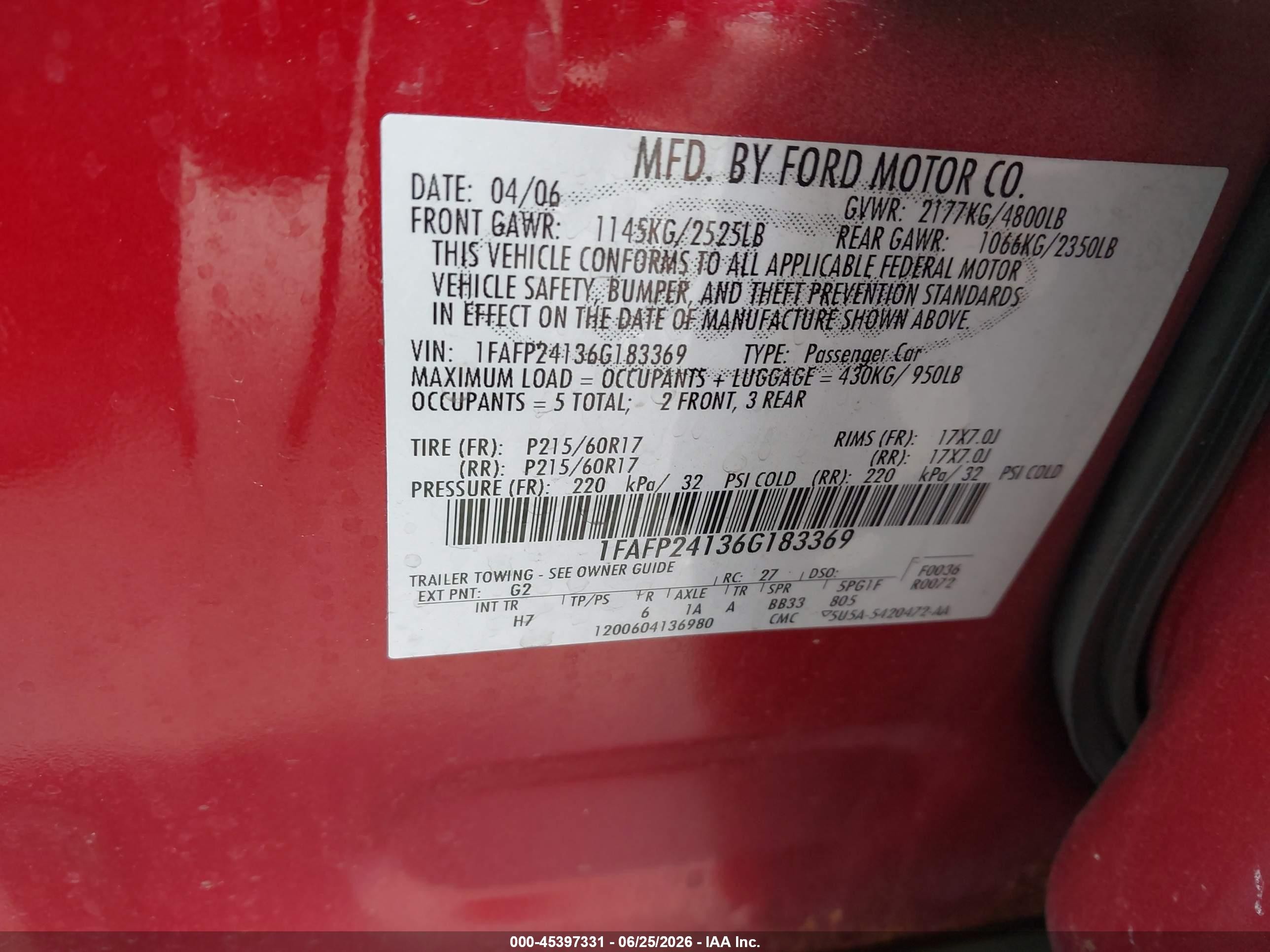 2006 Ford Five Hundred Sel Red vin: 1FAFP24136G183369