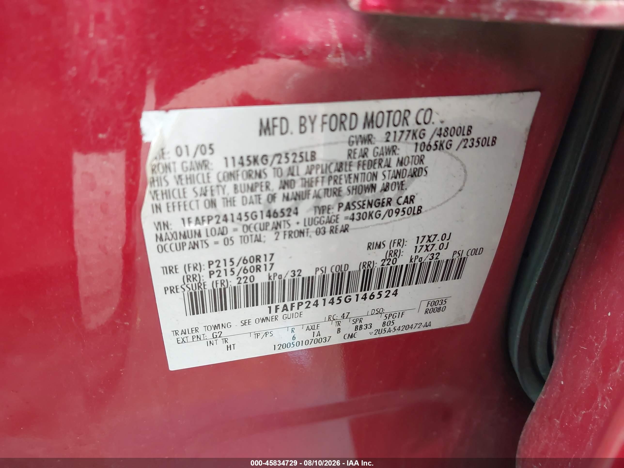 2005 Ford Five Hundred Sel Red vin: 1FAFP24145G146524
