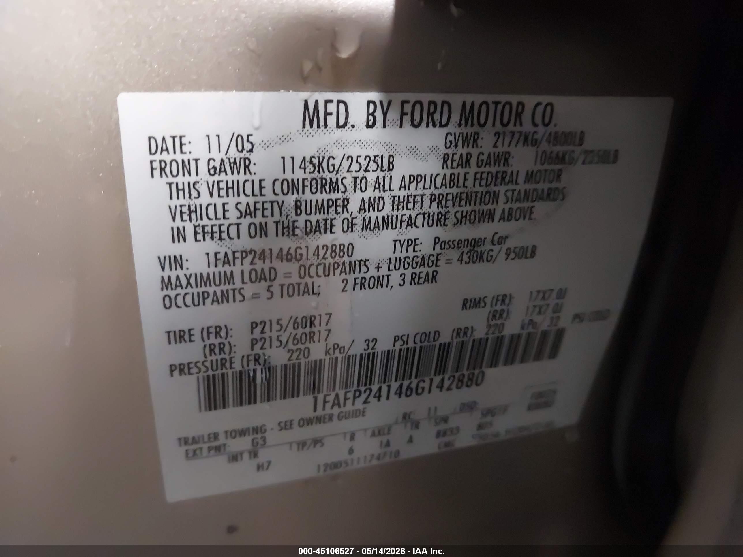 2006 Ford Five Hundred Sel Gold vin: 1FAFP24146G142880