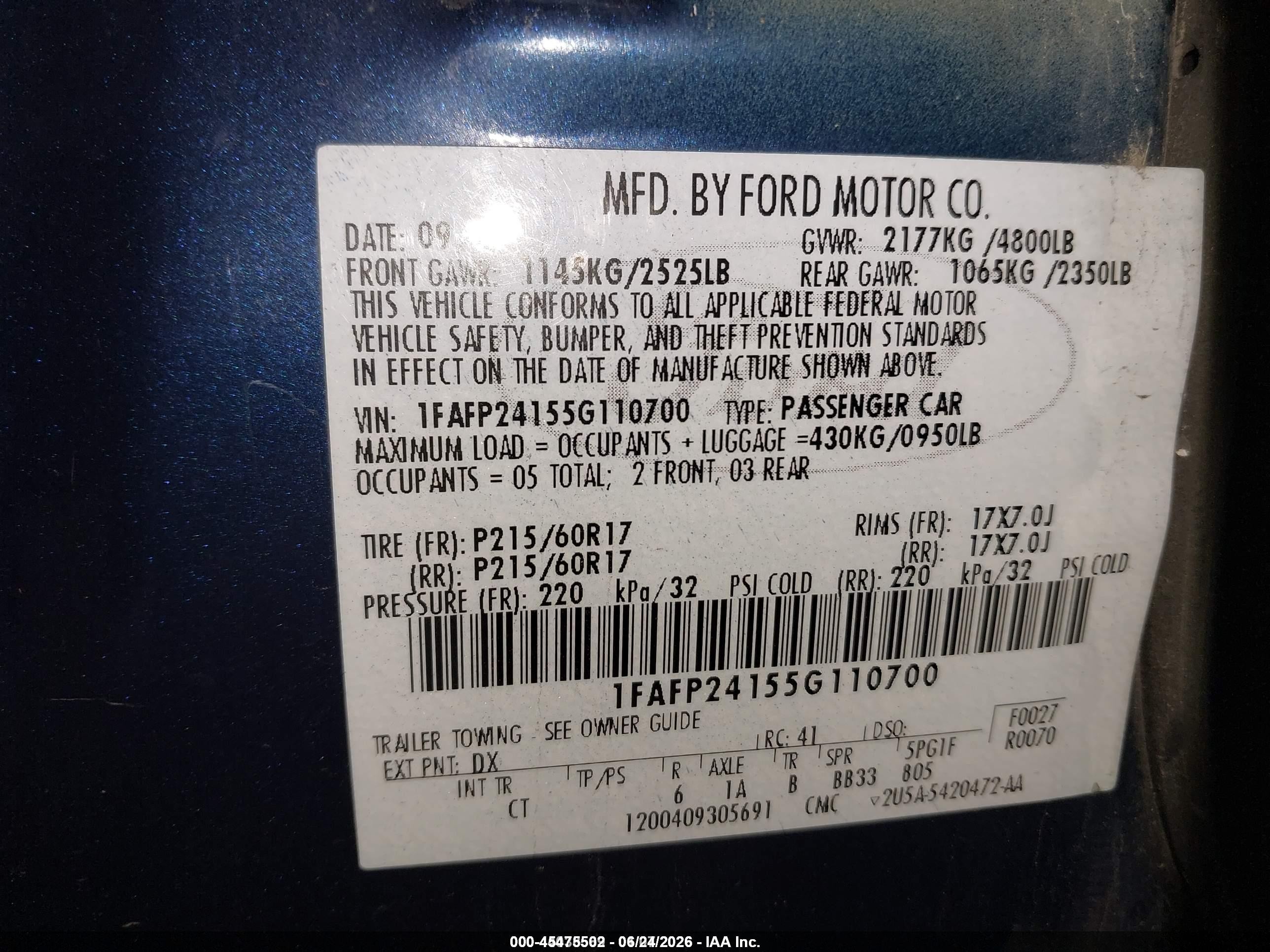 2005 Ford Five Hundred Sel Blue vin: 1FAFP24155G110700
