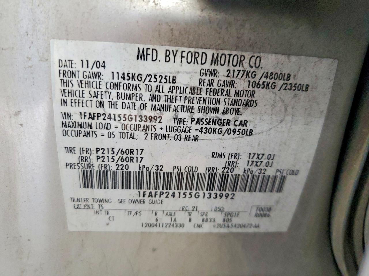 2005 Ford Five Hundred Sel Silver vin: 1FAFP24155G133992