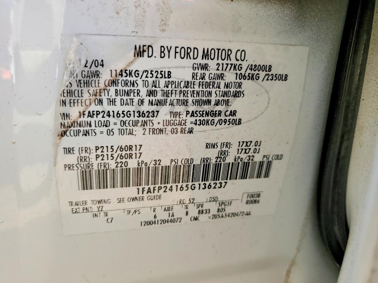 2005 Ford Five Hundred Sel Белый vin: 1FAFP24165G136237