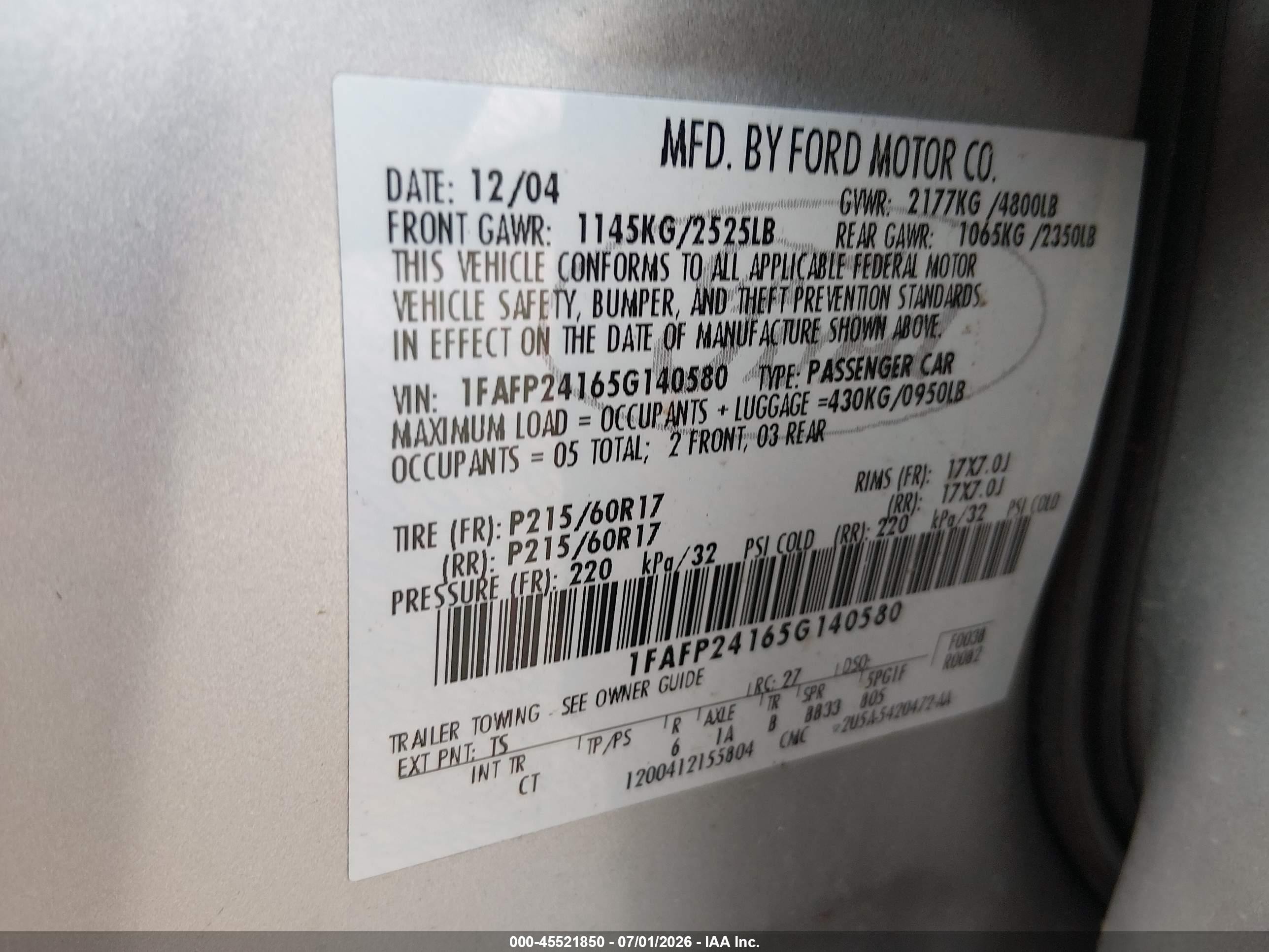 2005 Ford Five Hundred Sel Silver vin: 1FAFP24165G140580