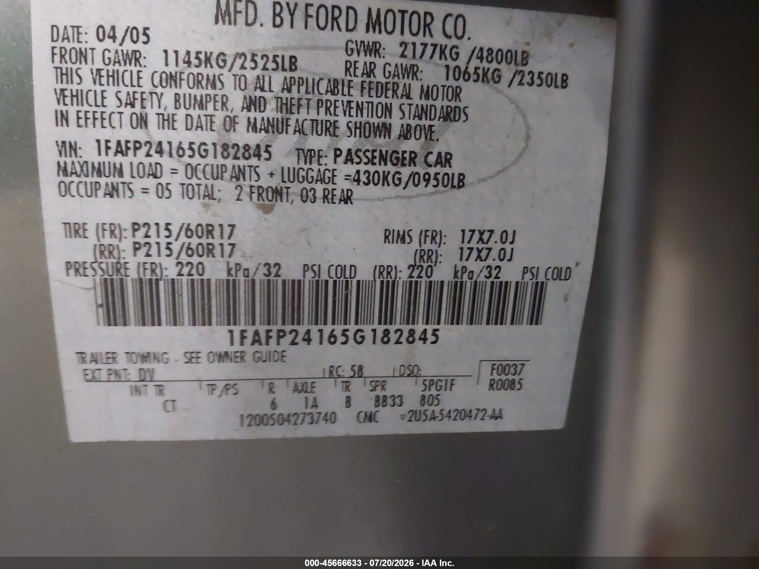 2005 Ford Five Hundred Sel Green vin: 1FAFP24165G182845