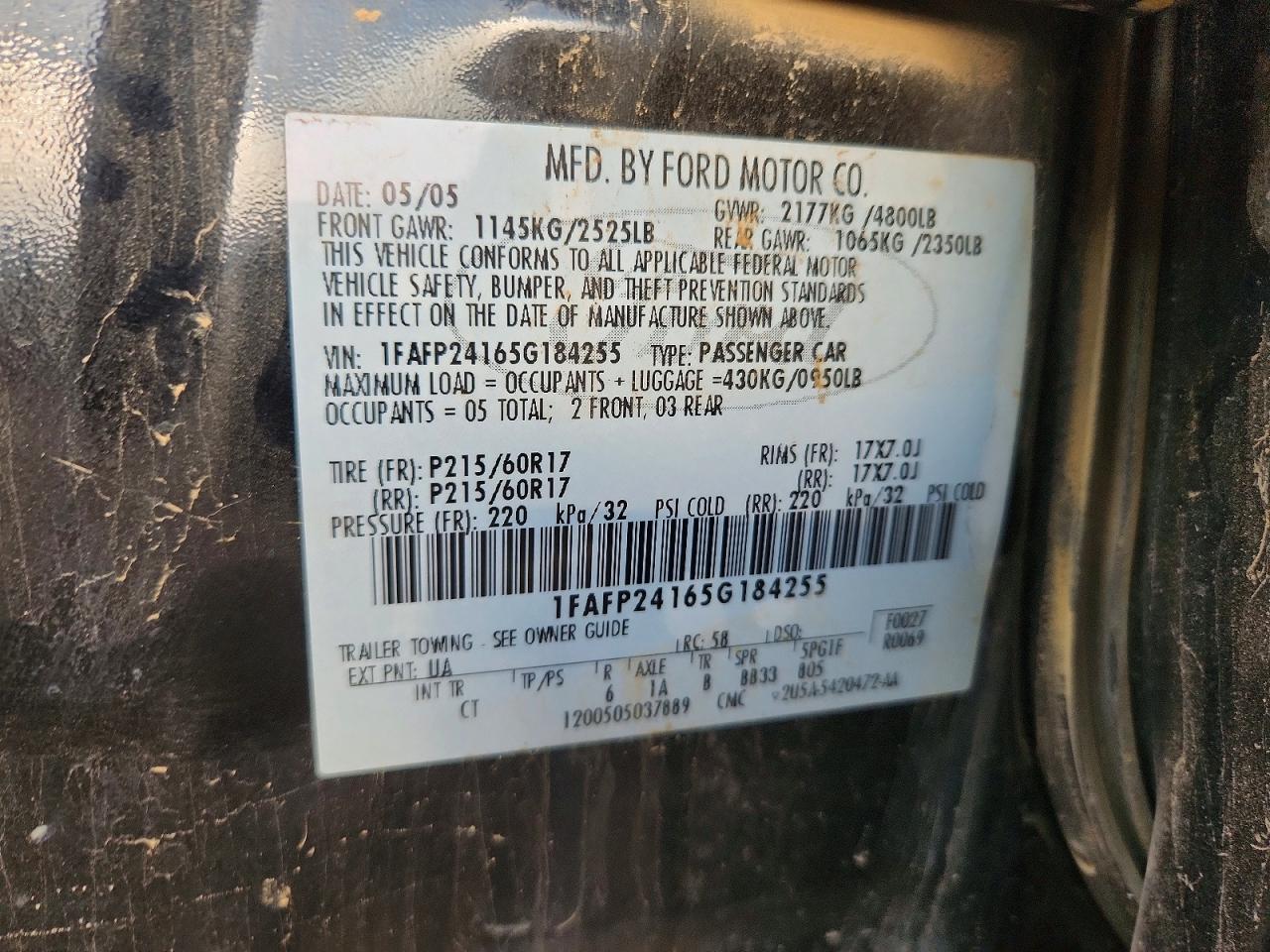 2005 Ford Five Hundred Sel Черный vin: 1FAFP24165G184255