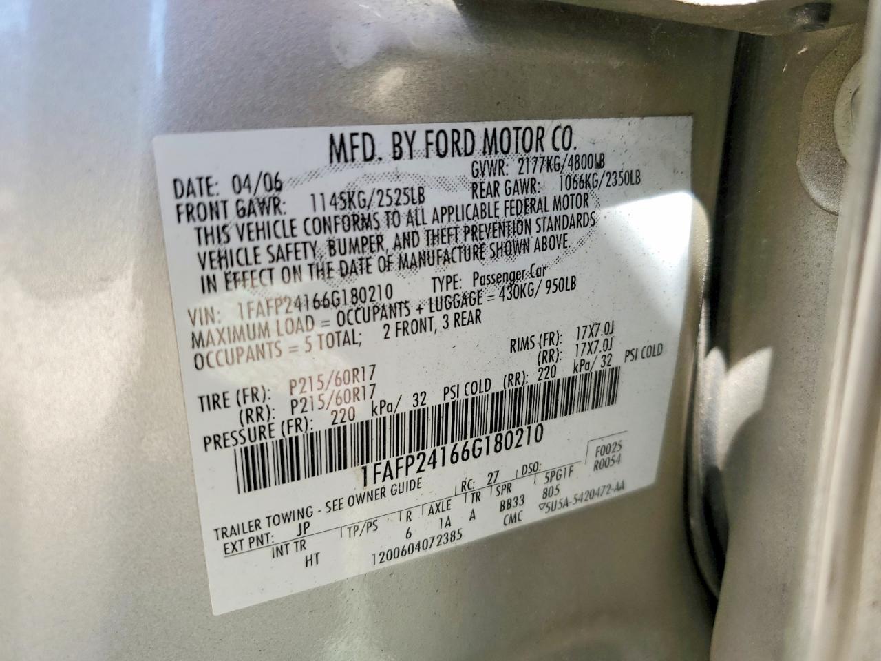 2006 Ford Five Hundred Sel Silver vin: 1FAFP24166G180210