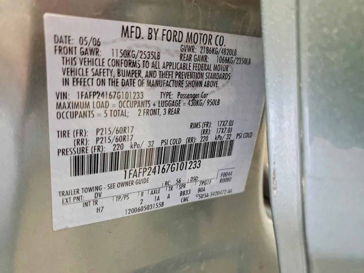 2007 Ford Five Hundred Sel Green vin: 1FAFP24167G101233
