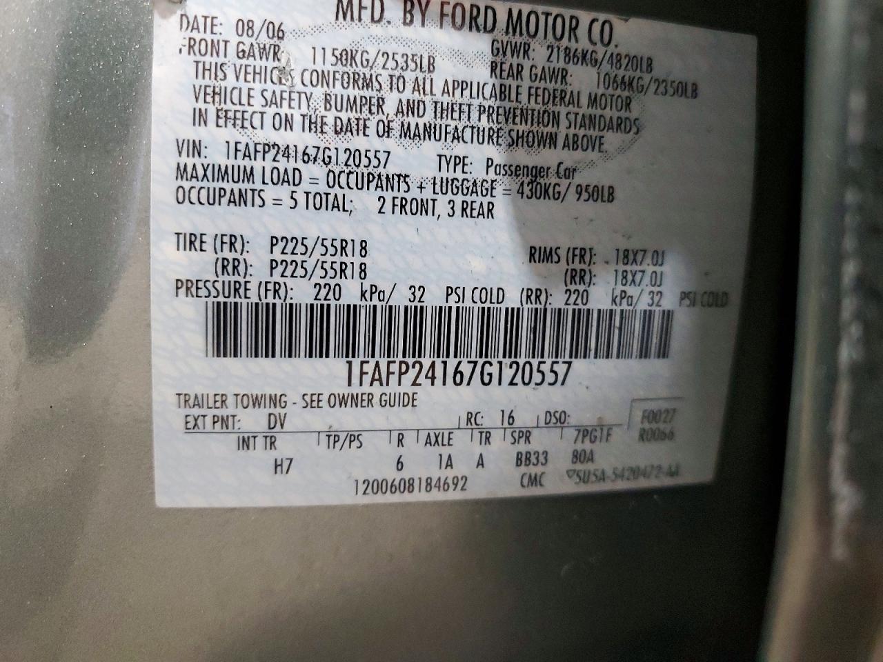 2007 Ford Five Hundred Sel Green vin: 1FAFP24167G120557