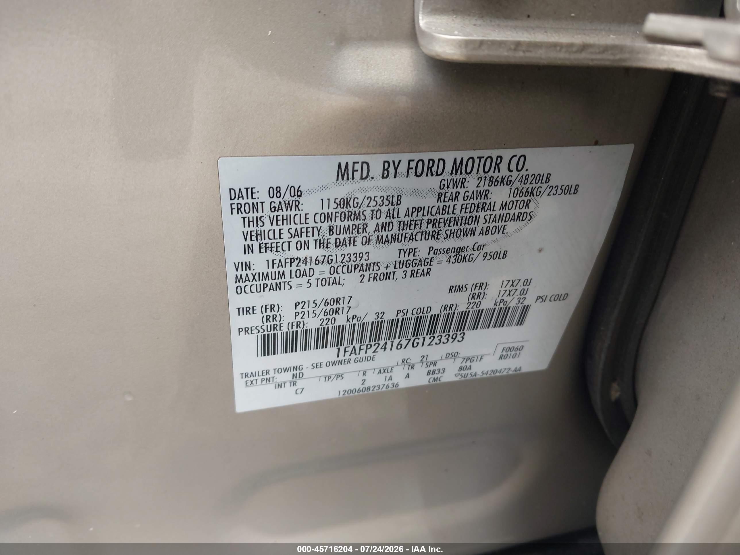 2007 Ford Five Hundred Sel Tan vin: 1FAFP24167G123393
