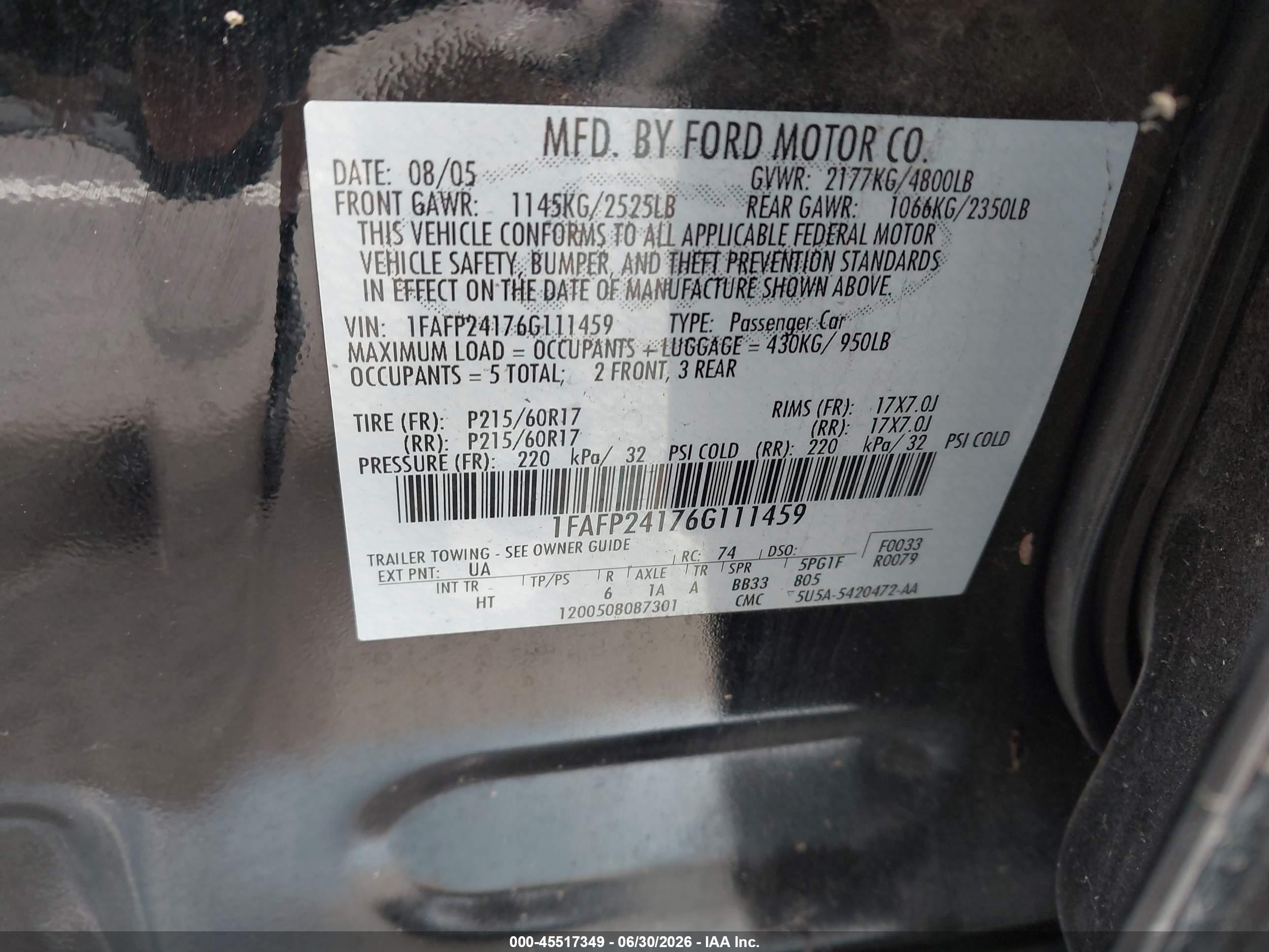 2006 Ford Five Hundred Sel Black vin: 1FAFP24176G111459
