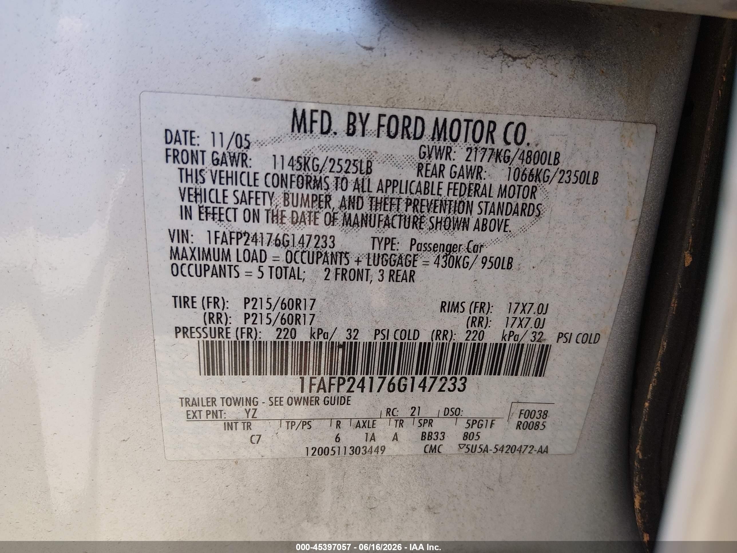 2006 Ford Five Hundred Sel White vin: 1FAFP24176G147233