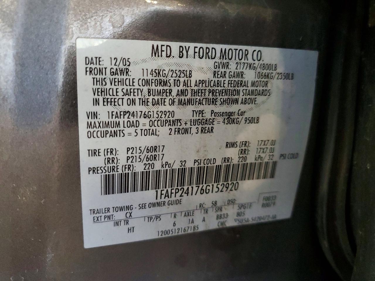 2006 Ford Five Hundred Sel Blue vin: 1FAFP24176G152920