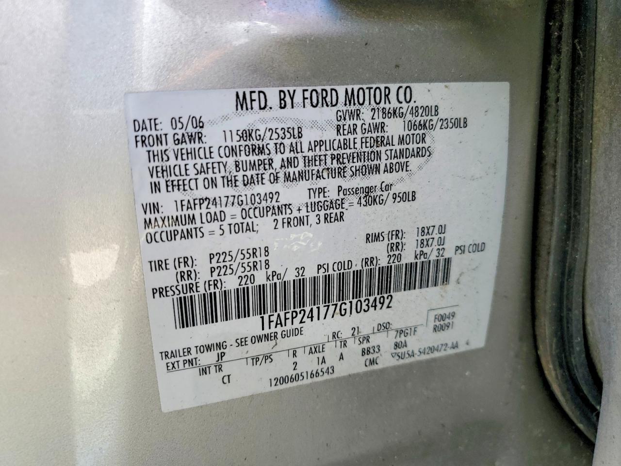 2007 Ford Five Hundred Sel Silver vin: 1FAFP24177G103492