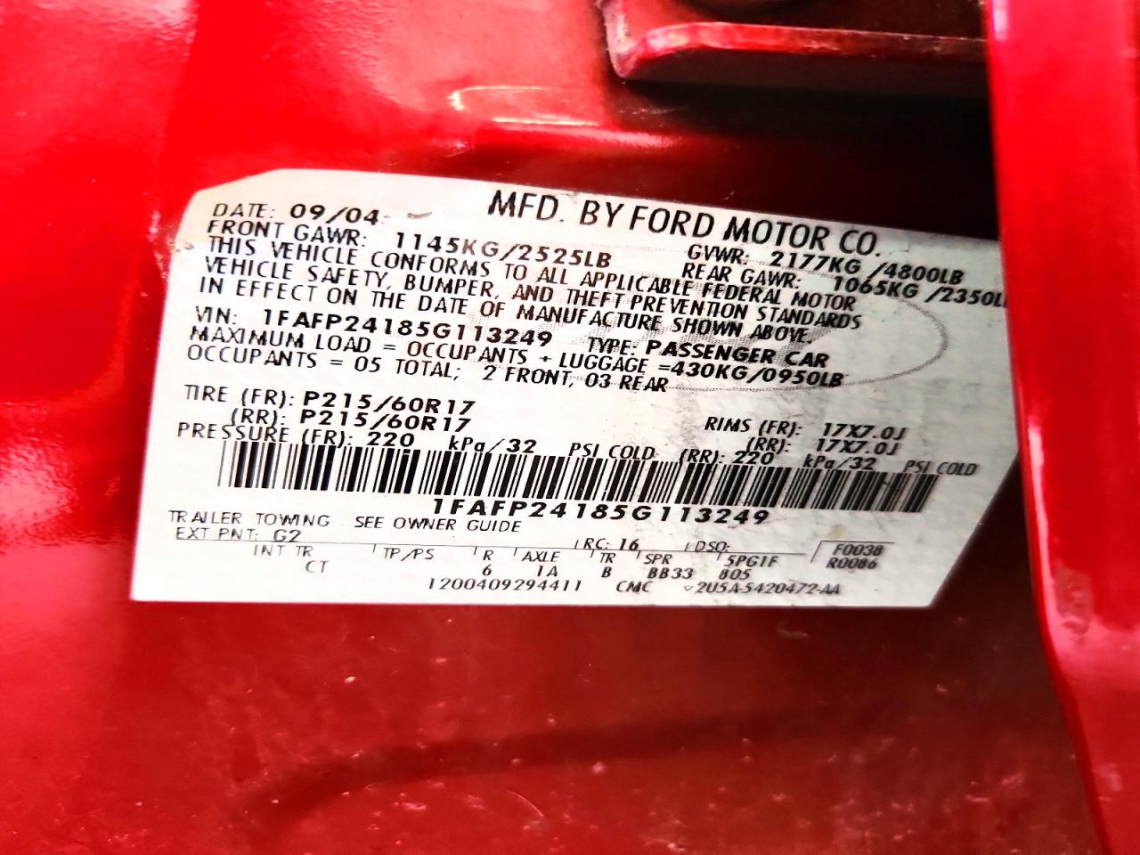 2005 Ford Five Hundred Sel Red vin: 1FAFP24185G113249