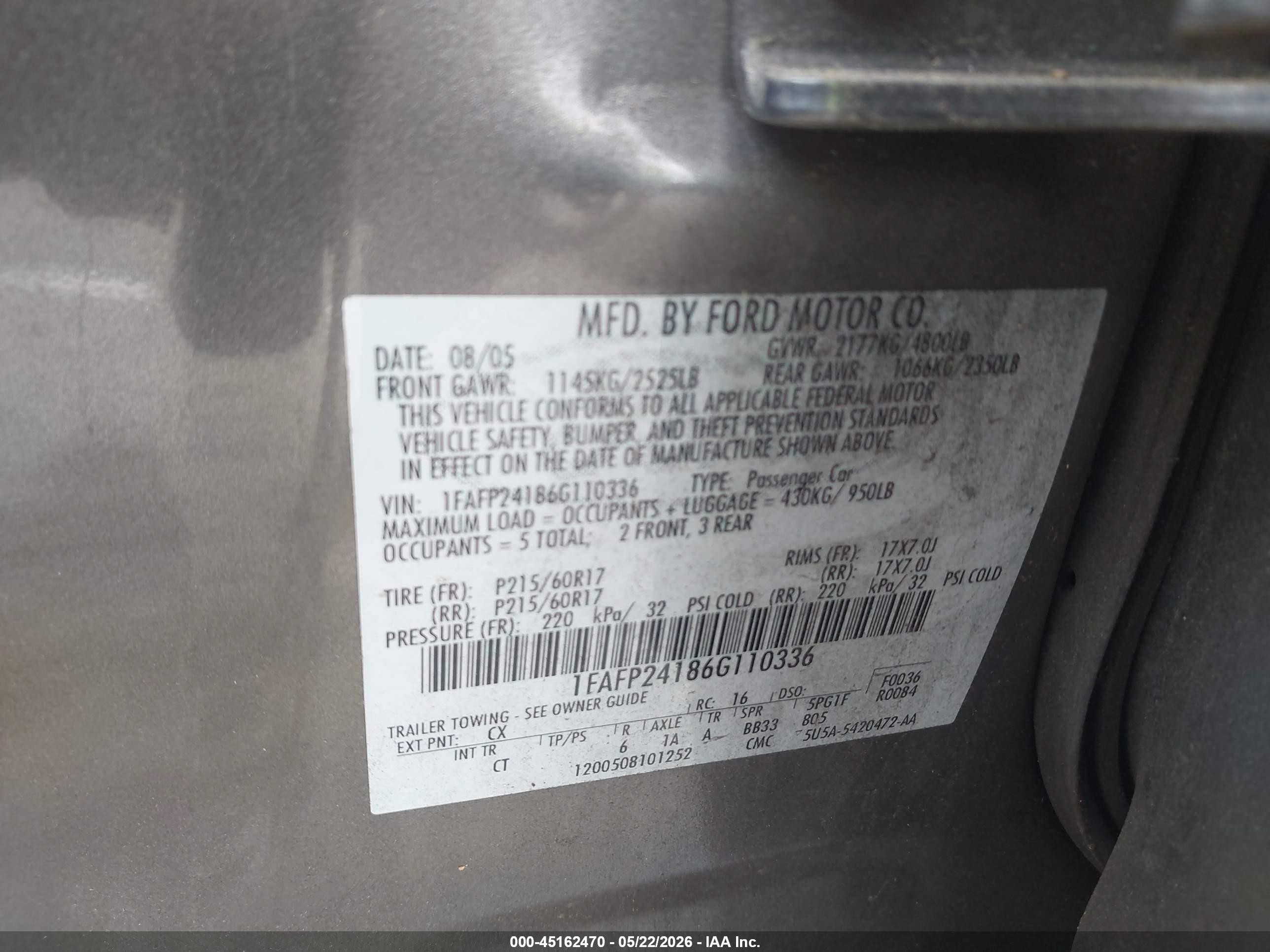 2006 Ford Five Hundred Sel Gray vin: 1FAFP24186G110336