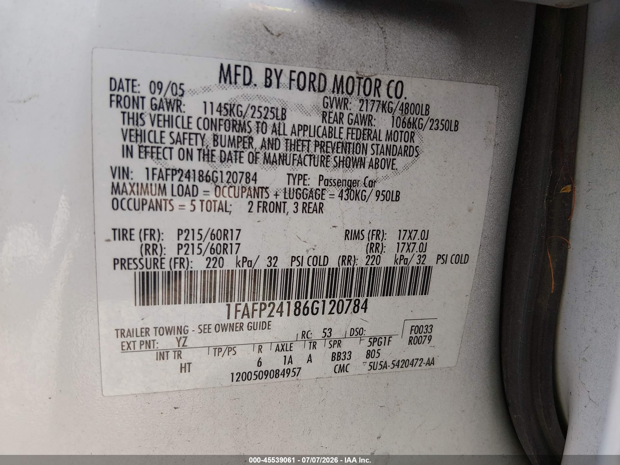 2006 Ford Five Hundred Sel White vin: 1FAFP24186G120784