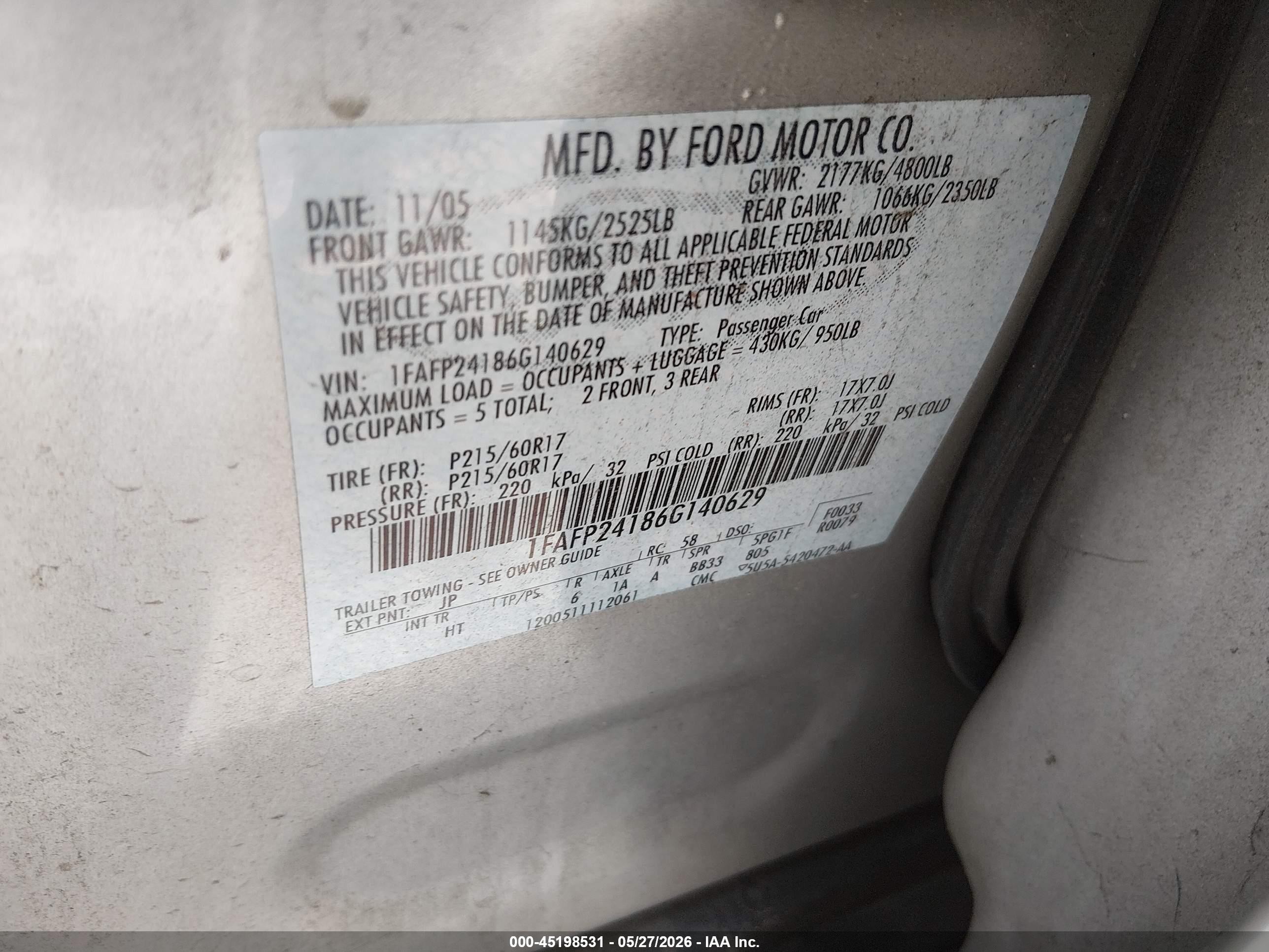 2006 Ford Five Hundred Sel Silver vin: 1FAFP24186G140629