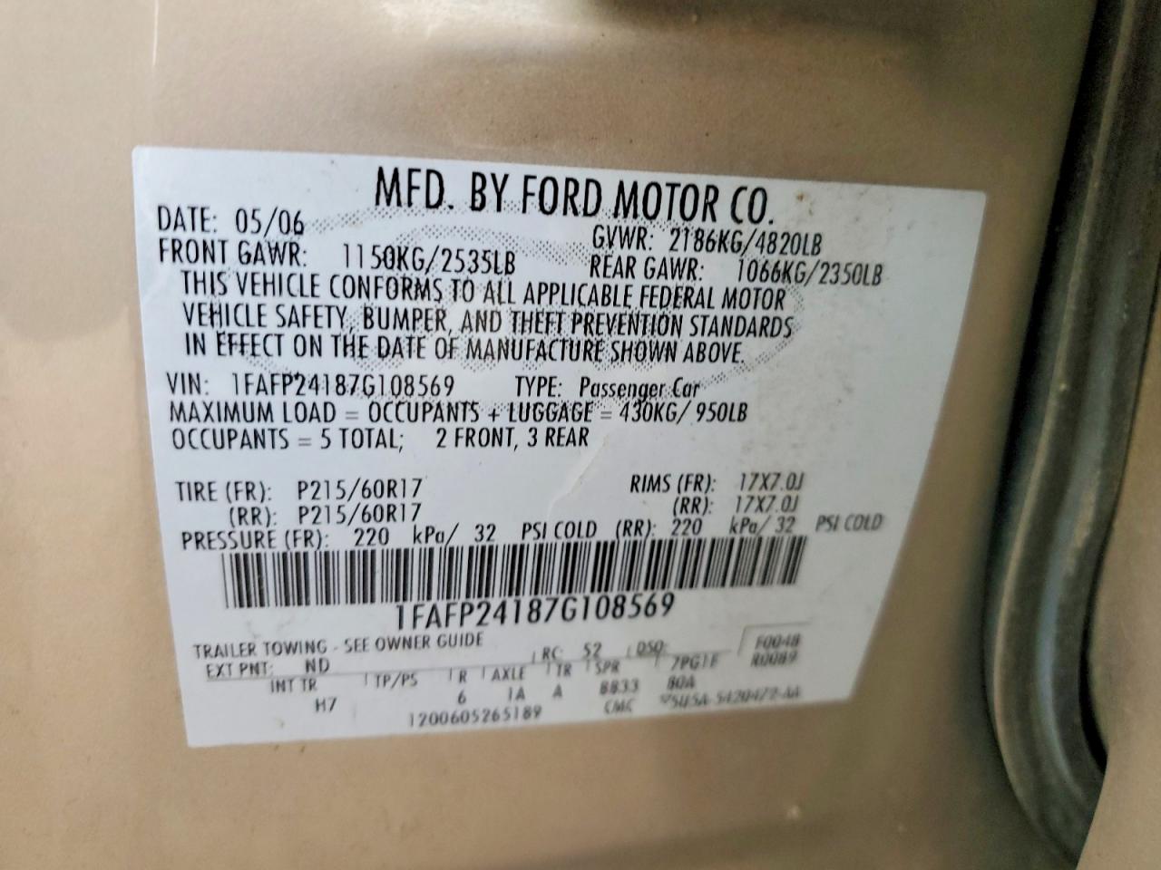 2007 Ford Five Hundred Sel Gold vin: 1FAFP24187G108569