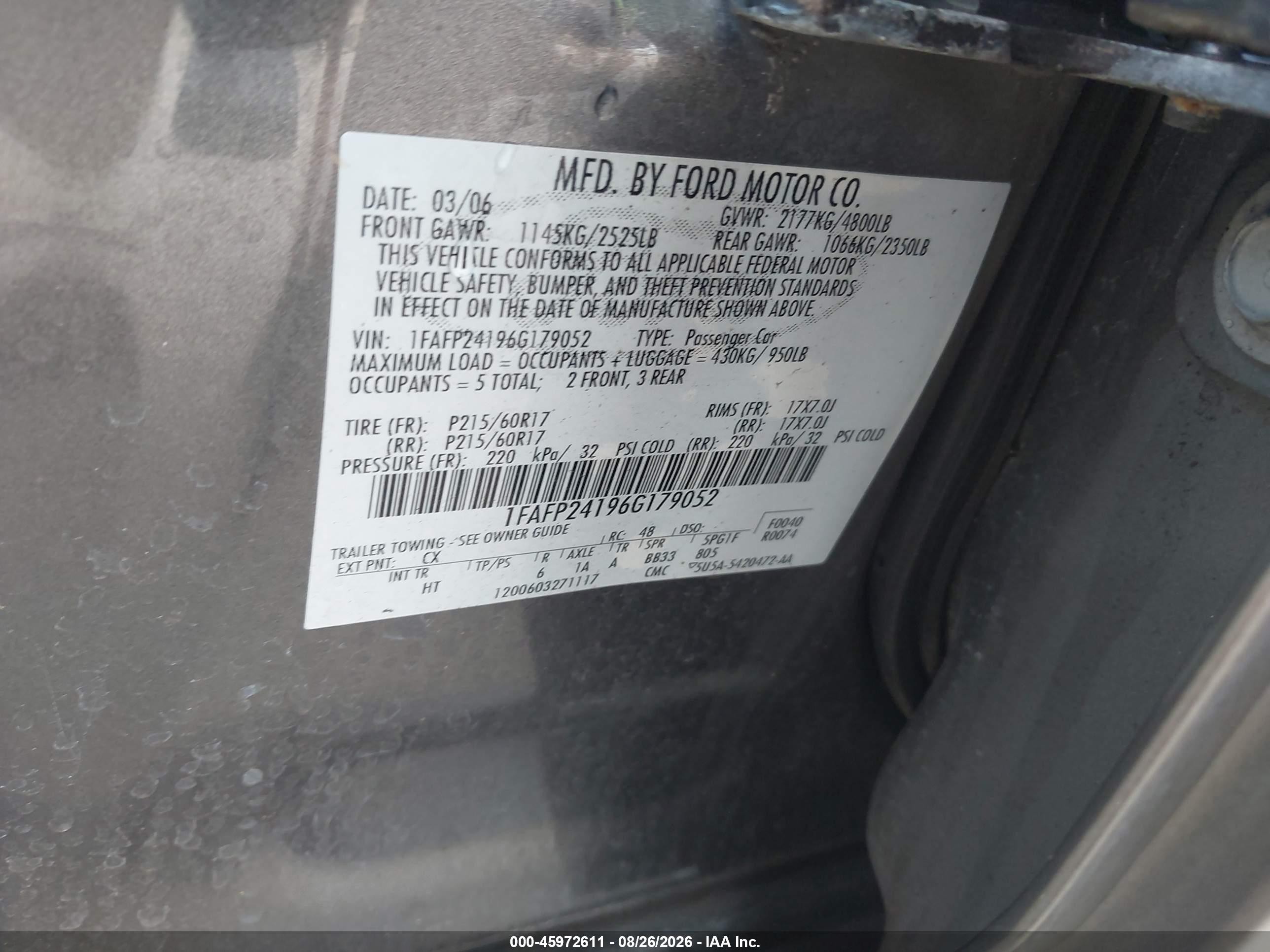 2006 Ford Five Hundred Sel Gray vin: 1FAFP24196G179052