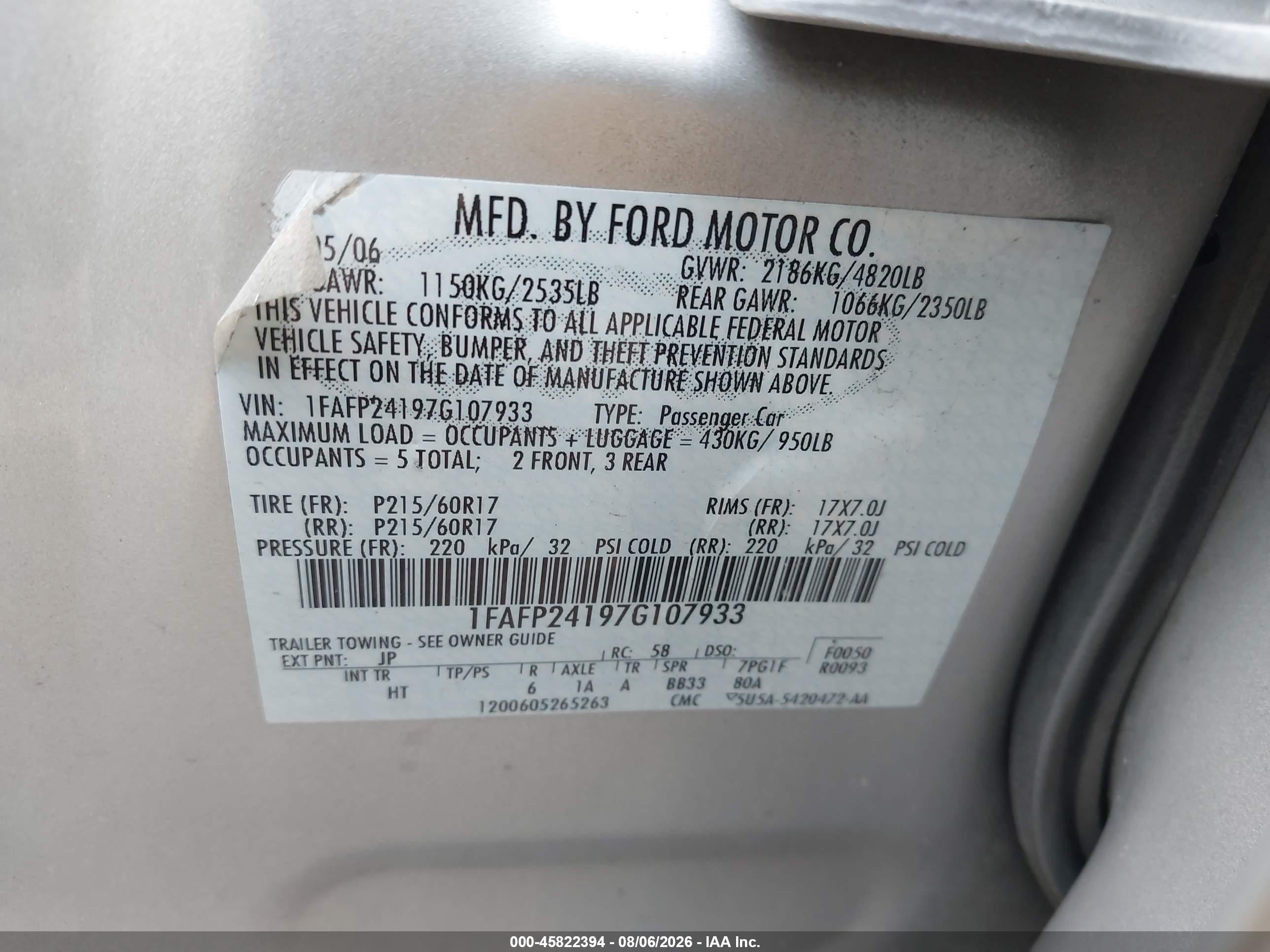 2007 Ford Five Hundred Sel Silver vin: 1FAFP24197G107933