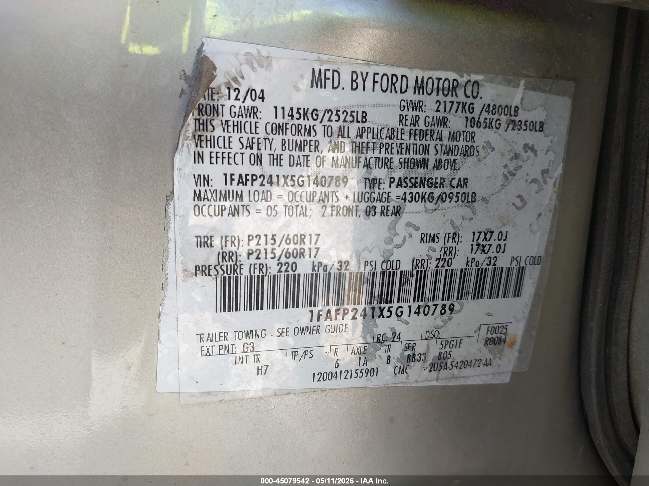 2005 Ford Five Hundred Sel Золотой vin: 1FAFP241X5G140789