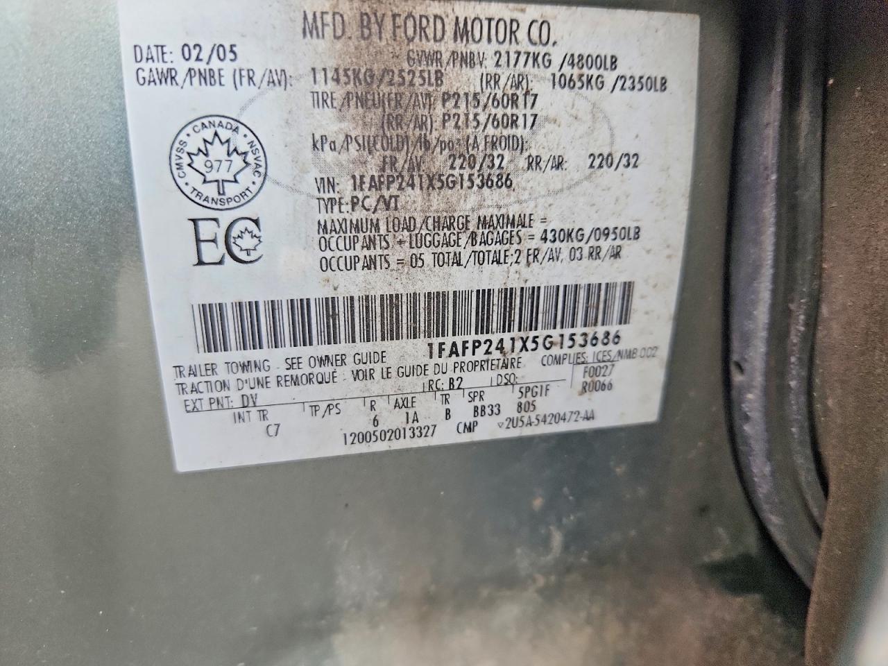 2005 Ford Five Hundred Sel Green vin: 1FAFP241X5G153686