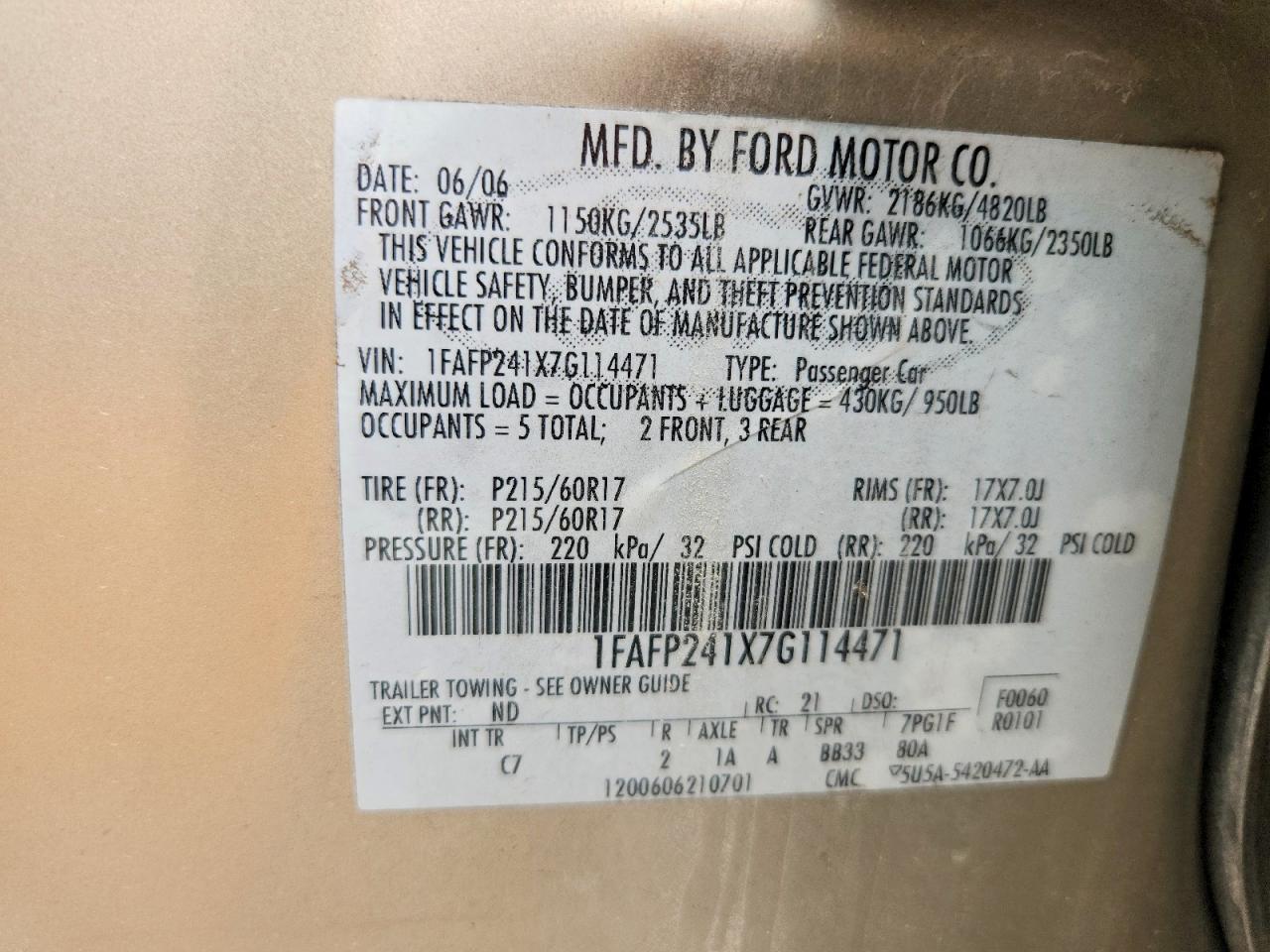 2007 Ford Five Hundred Sel Gold vin: 1FAFP241X7G114471